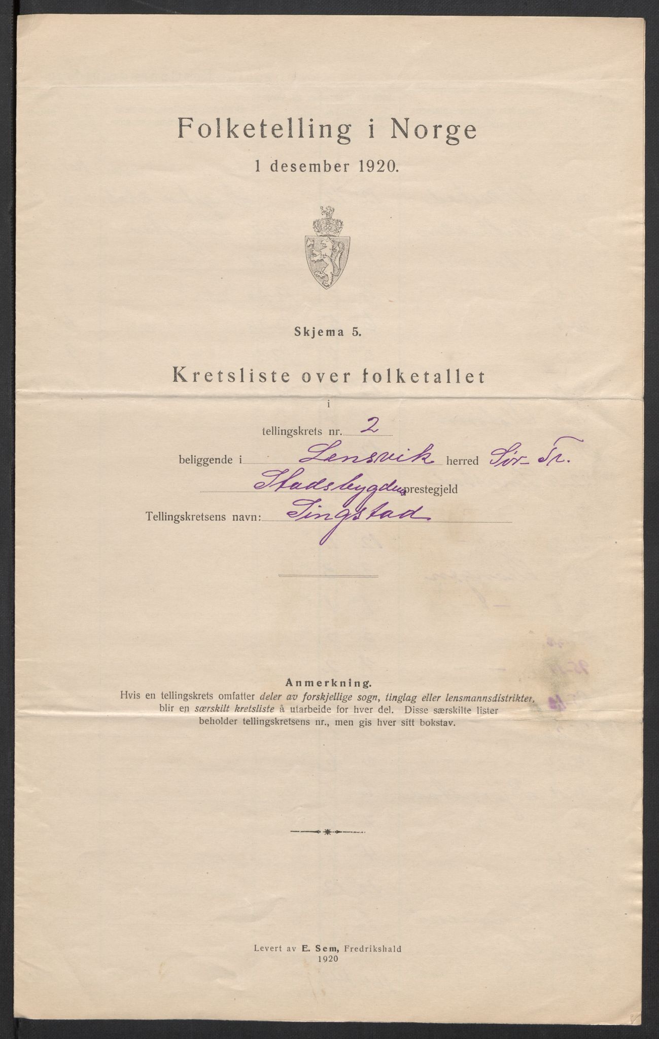 SAT, 1920 census for Lensvik, 1920, p. 9