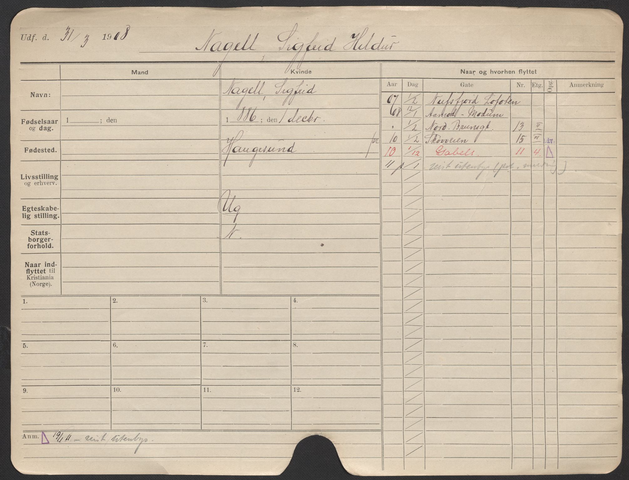 Oslo folkeregister, Registerkort, AV/SAO-A-11715/F/Fa/Fac/L0021: Kvinner, 1906-1914, p. 5a