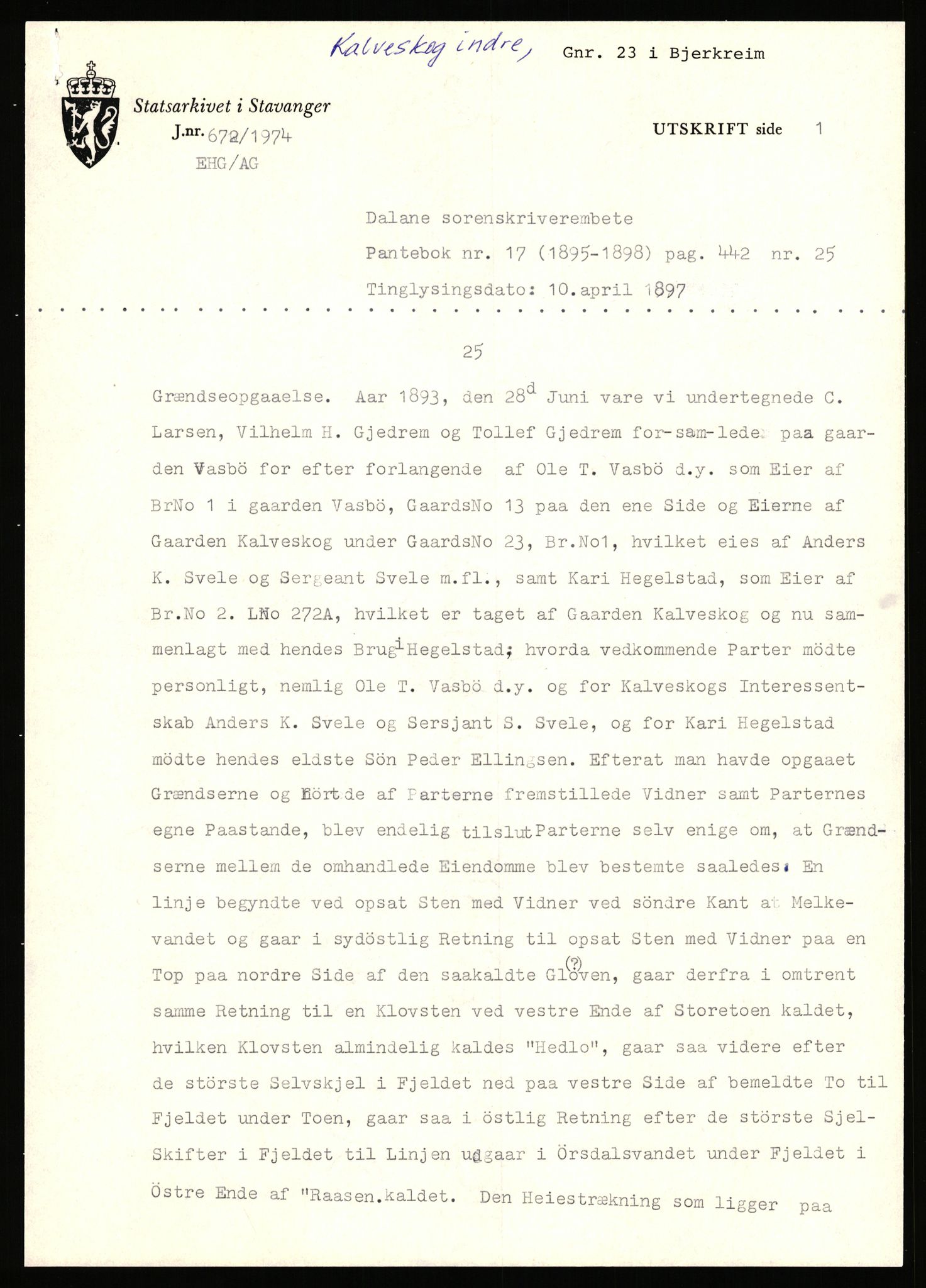 Statsarkivet i Stavanger, SAST/A-101971/03/Y/Yj/L0046: Avskrifter sortert etter gårdsnavn: Kalleim - Kirke-Sole, 1750-1930, p. 405
