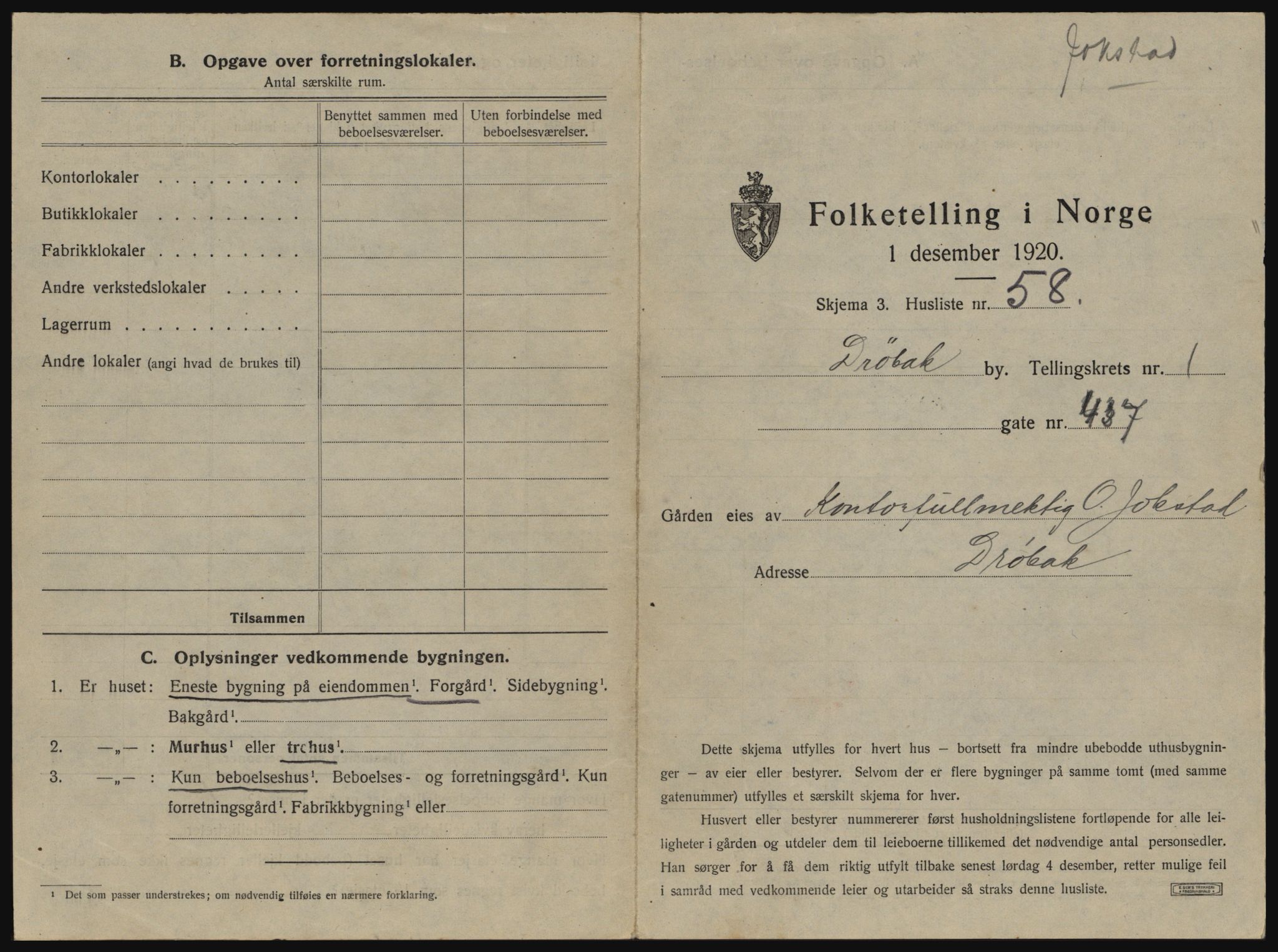 SAO, 1920 census for Drøbak, 1920, p. 165