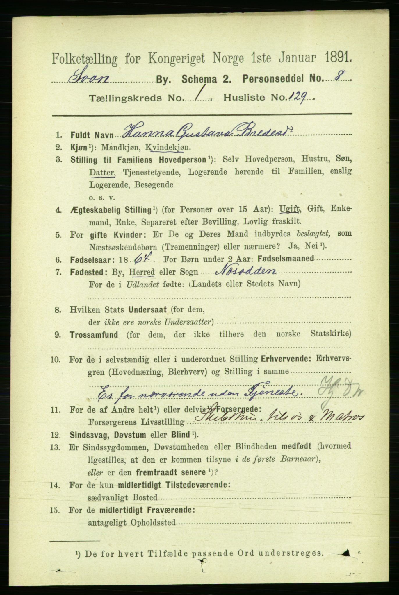 RA, 1891 census for 0201 Son, 1891, p. 826