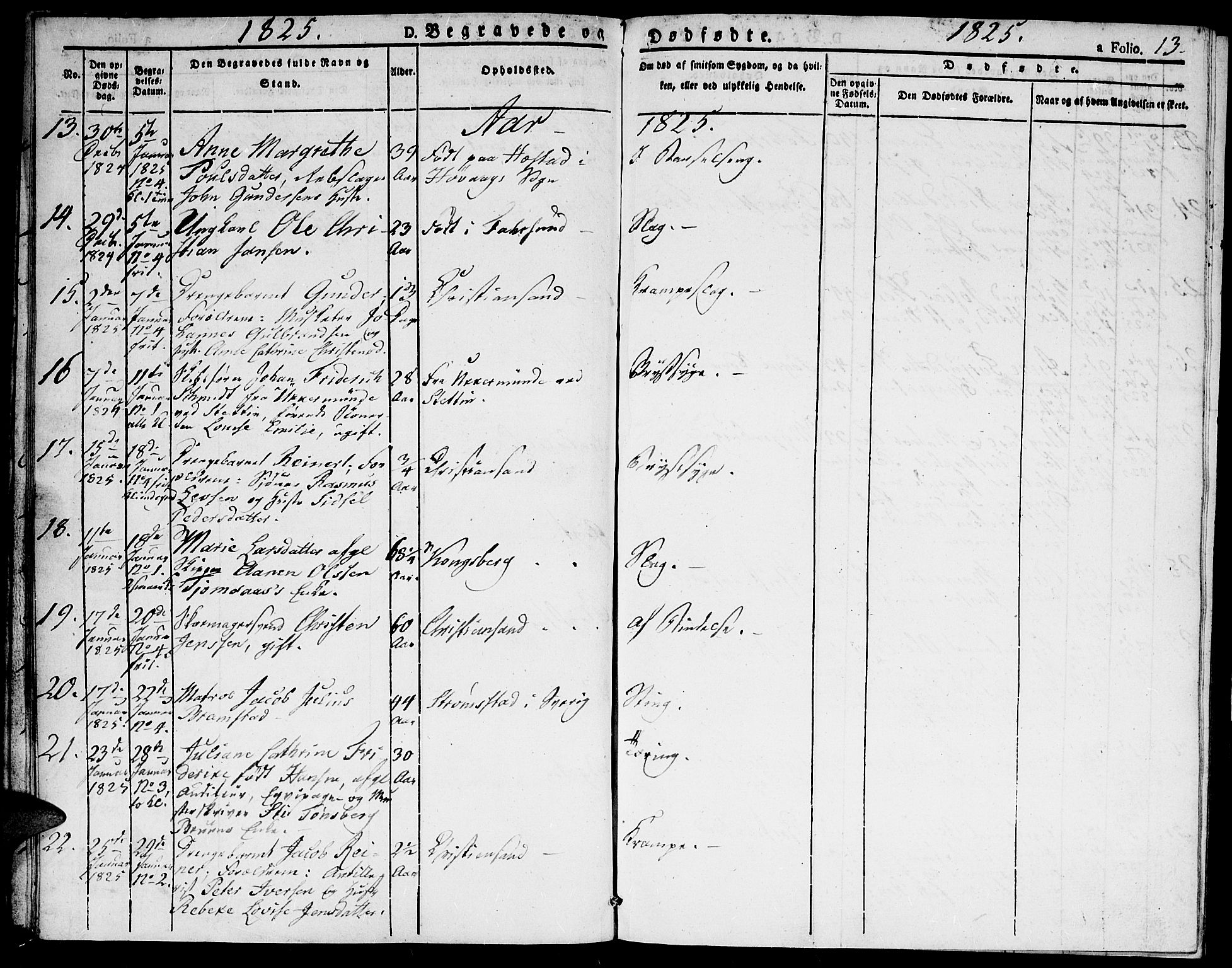 Kristiansand domprosti, AV/SAK-1112-0006/F/Fa/L0010: Parish register (official) no. A 10, 1824-1827, p. 13
