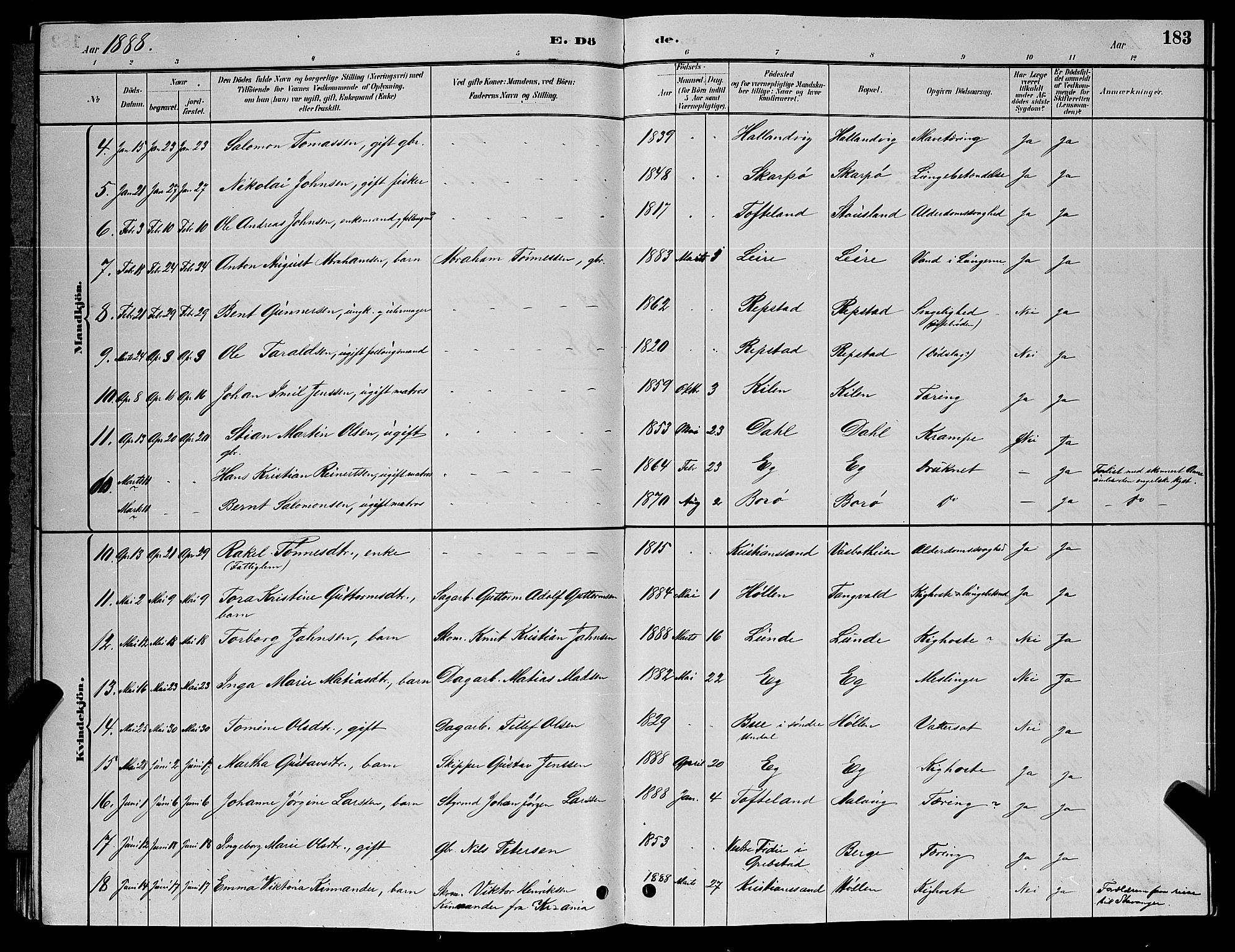 Søgne sokneprestkontor, SAK/1111-0037/F/Fb/Fbb/L0005: Parish register (copy) no. B 5, 1884-1891, p. 183