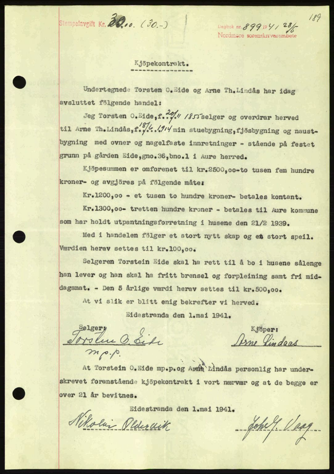 Nordmøre sorenskriveri, SAT/A-4132/1/2/2Ca: Mortgage book no. A90, 1941-1941, Diary no: : 899/1941
