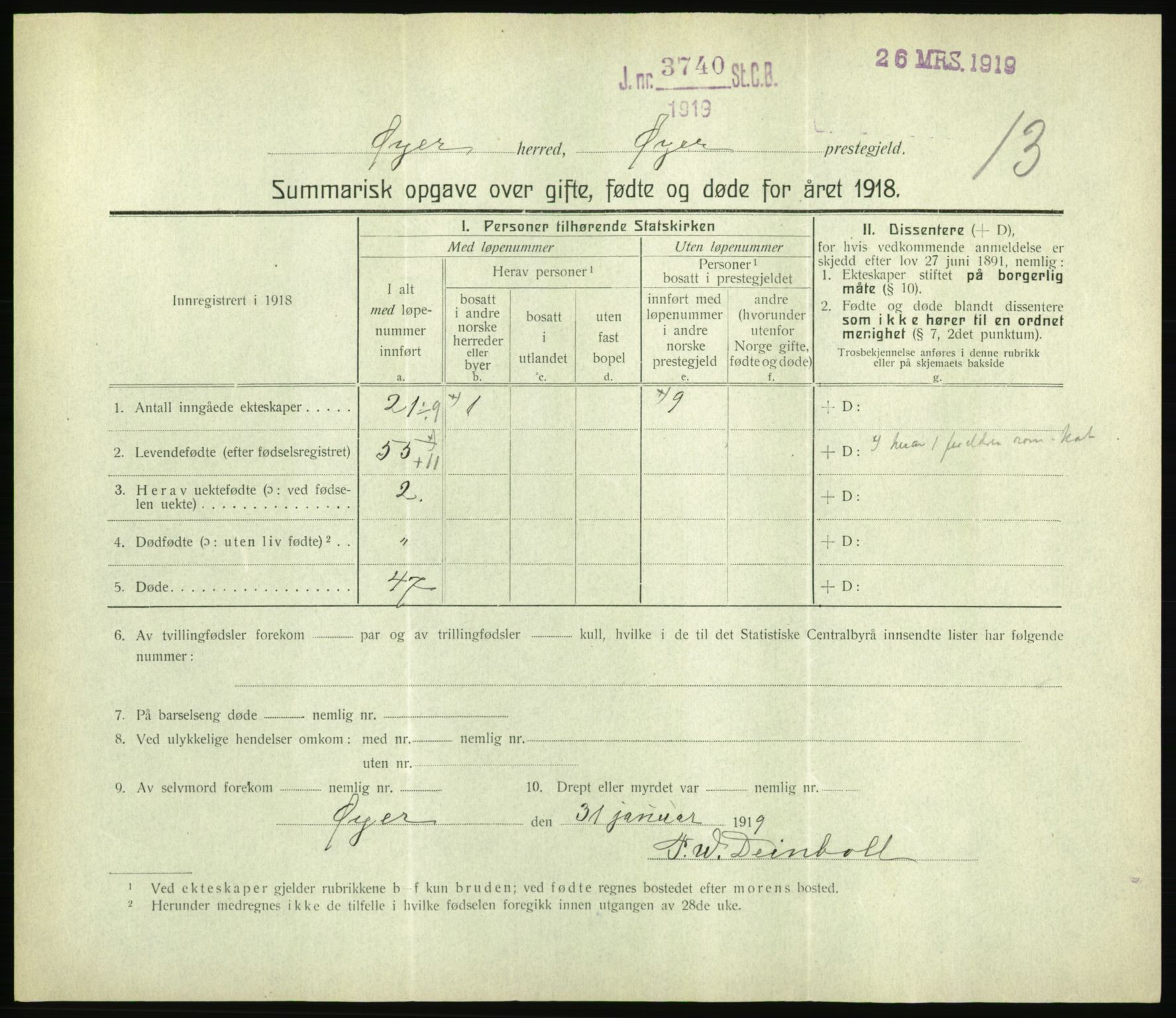 Statistisk sentralbyrå, Sosiodemografiske emner, Befolkning, RA/S-2228/D/Df/Dfb/Dfbh/L0059: Summariske oppgaver over gifte, fødte og døde for hele landet., 1918, p. 329