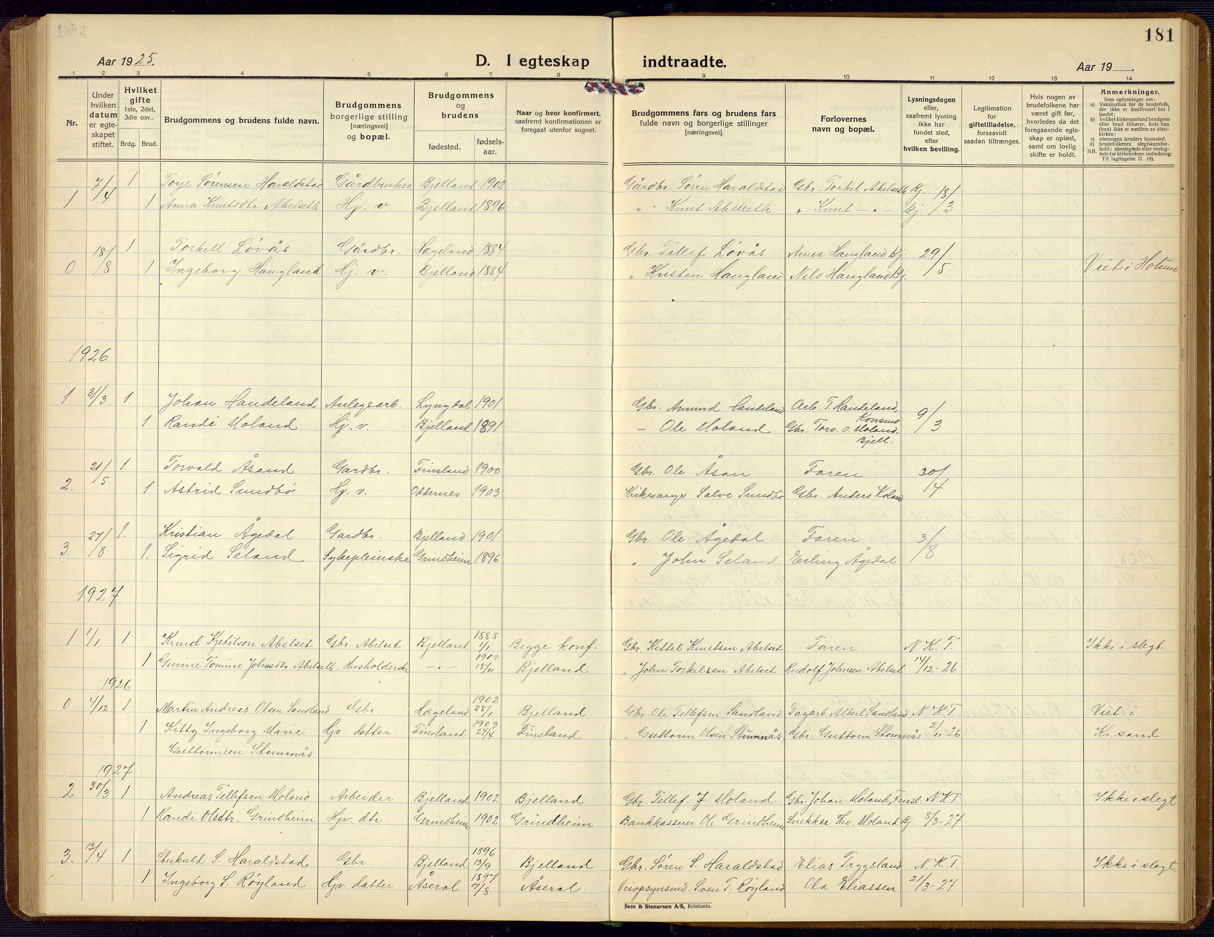 Bjelland sokneprestkontor, SAK/1111-0005/F/Fb/Fba/L0006: Parish register (copy) no. B 6, 1923-1956, p. 181