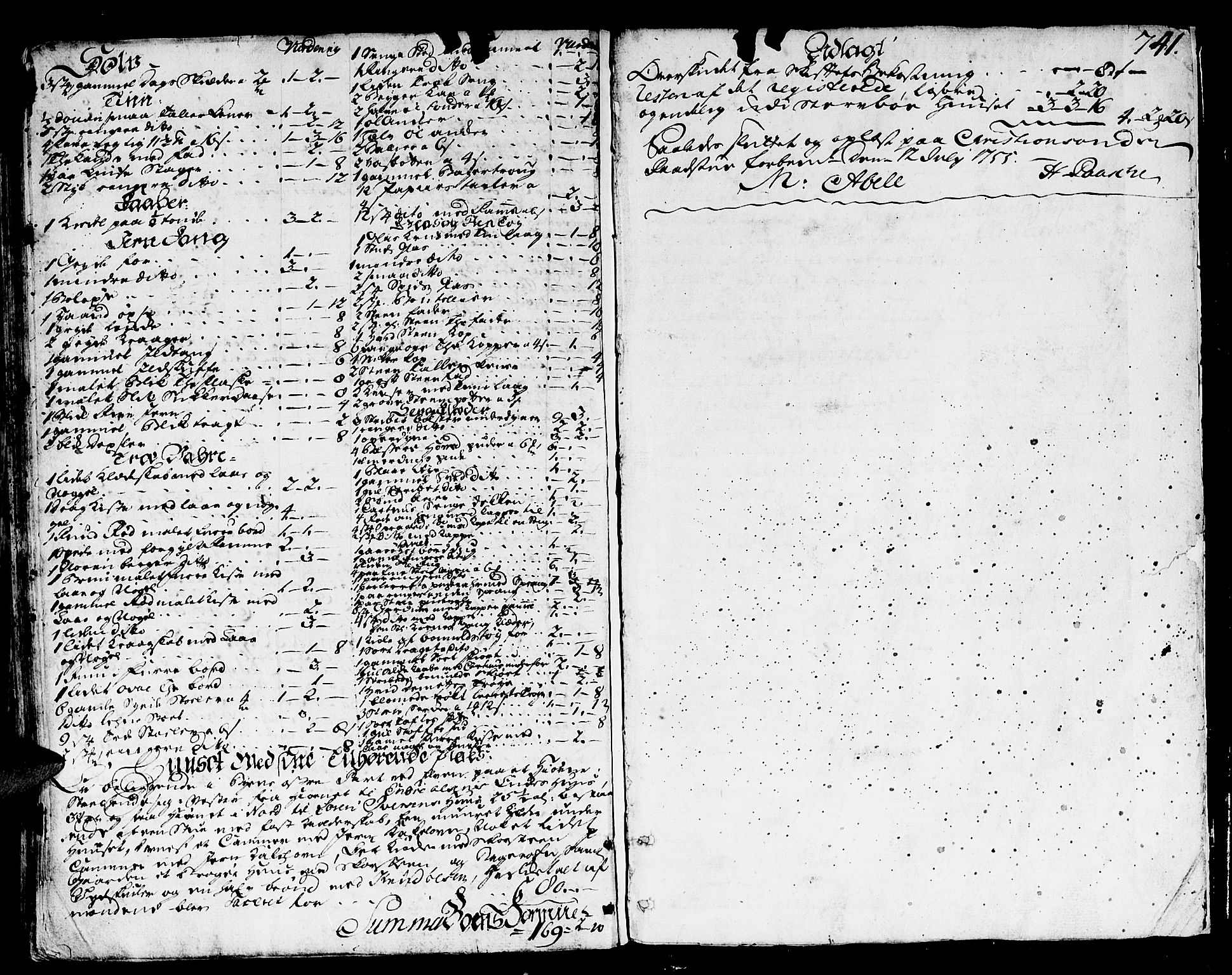 Kristiansand byrett, AV/SAK-1223-0001/H/Hc/L0007: Skifteprotokoll nr. 5, 1741-1755, p. 740b-741a