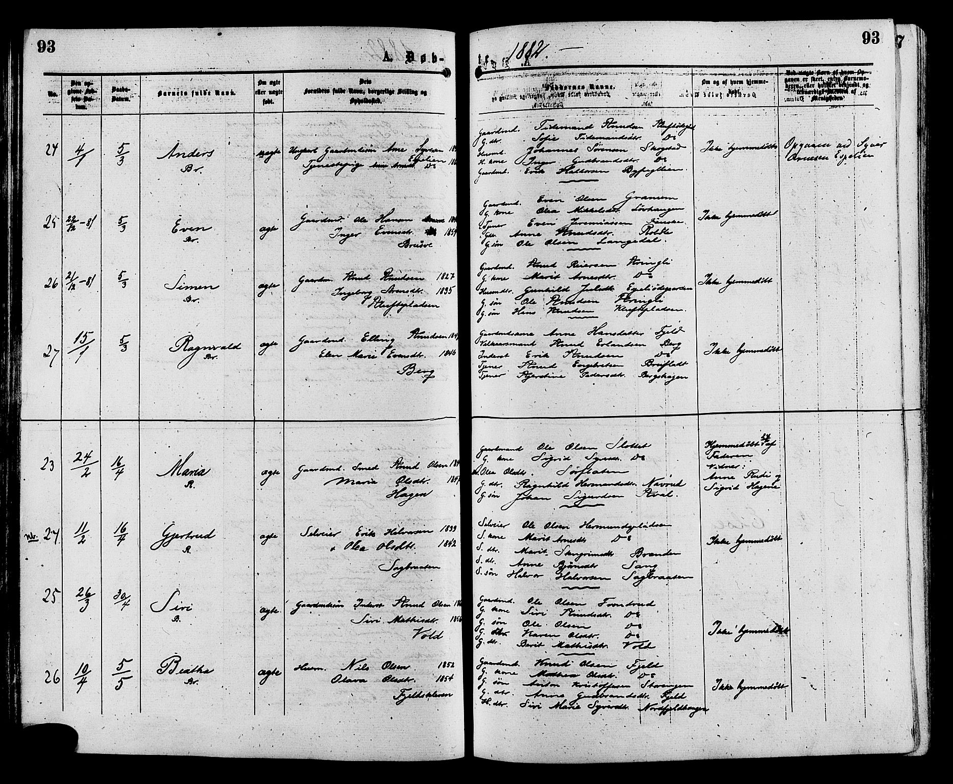 Sør-Aurdal prestekontor, AV/SAH-PREST-128/H/Ha/Haa/L0008: Parish register (official) no. 8, 1877-1885, p. 93