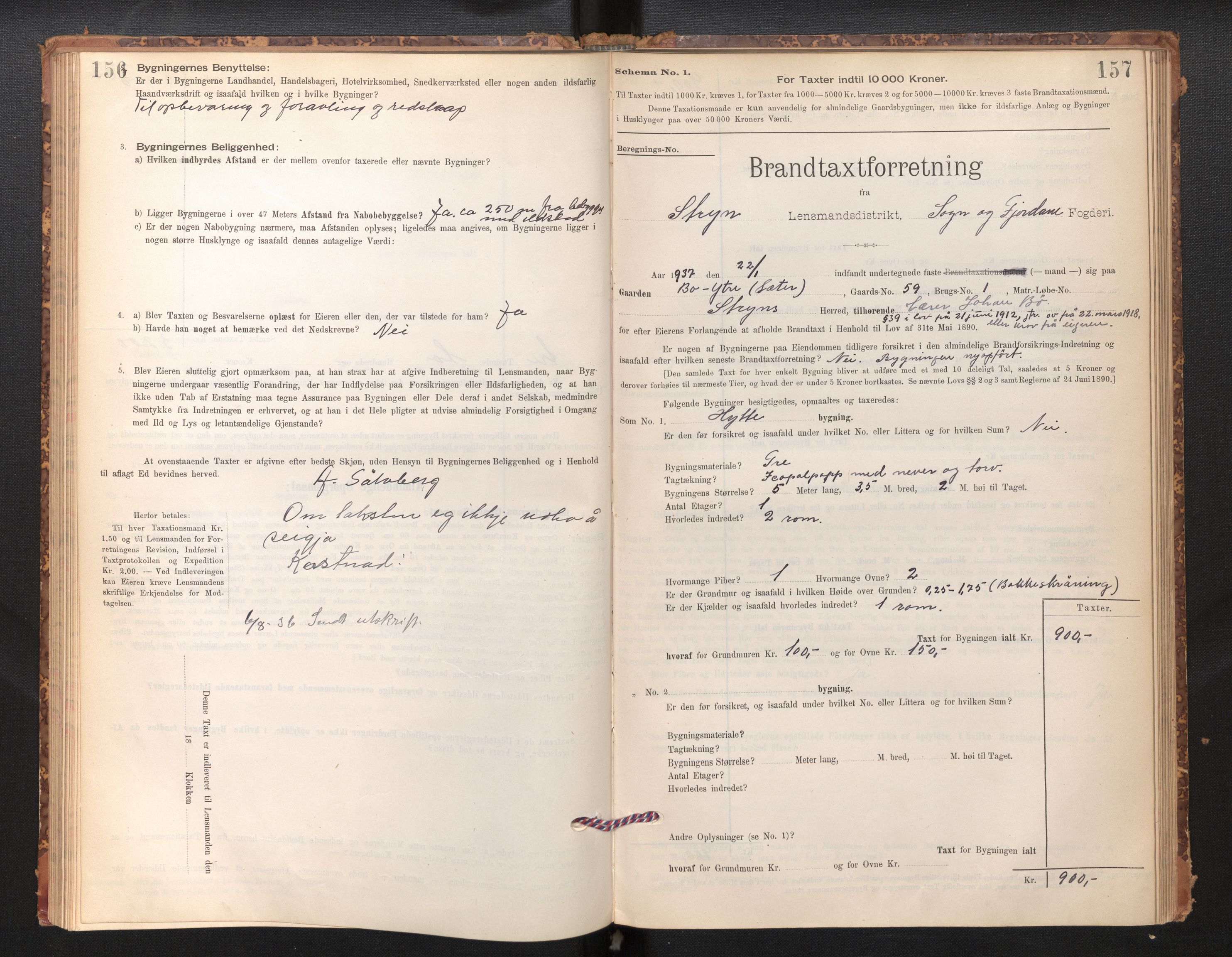 Lensmannen i Stryn og Innvik, SAB/A-30201/0012/L0002: Branntakstprotokoll, skjematakst, 1894-1942, p. 156-157