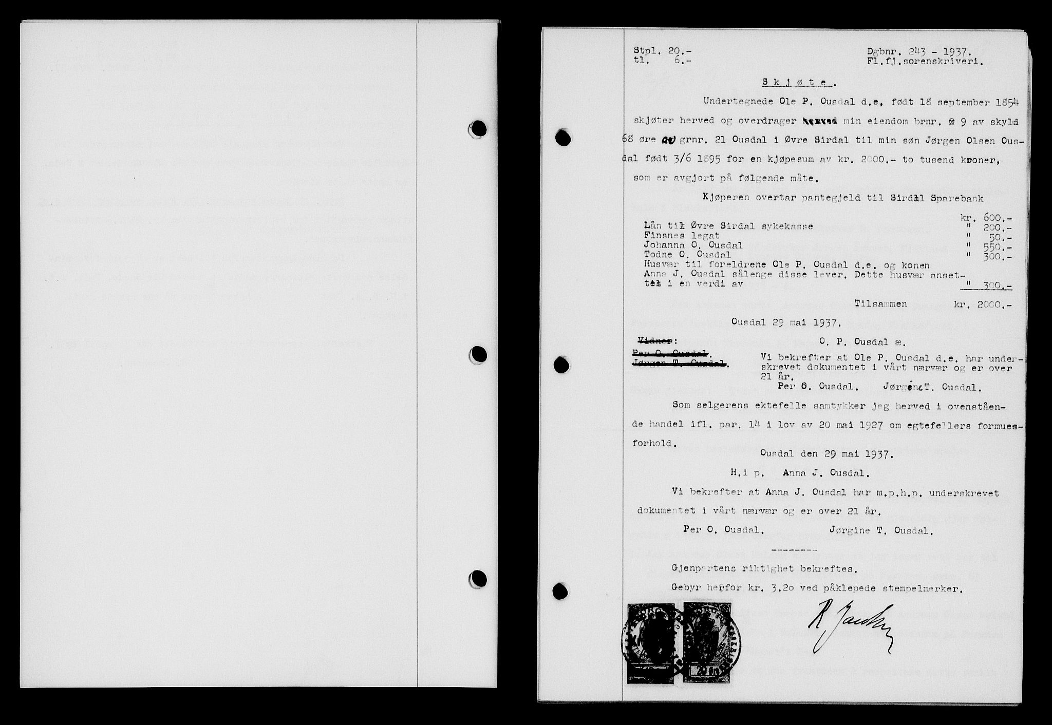 Flekkefjord sorenskriveri, SAK/1221-0001/G/Gb/Gba/L0053: Mortgage book no. A-1, 1936-1937, Diary no: : 243/1937
