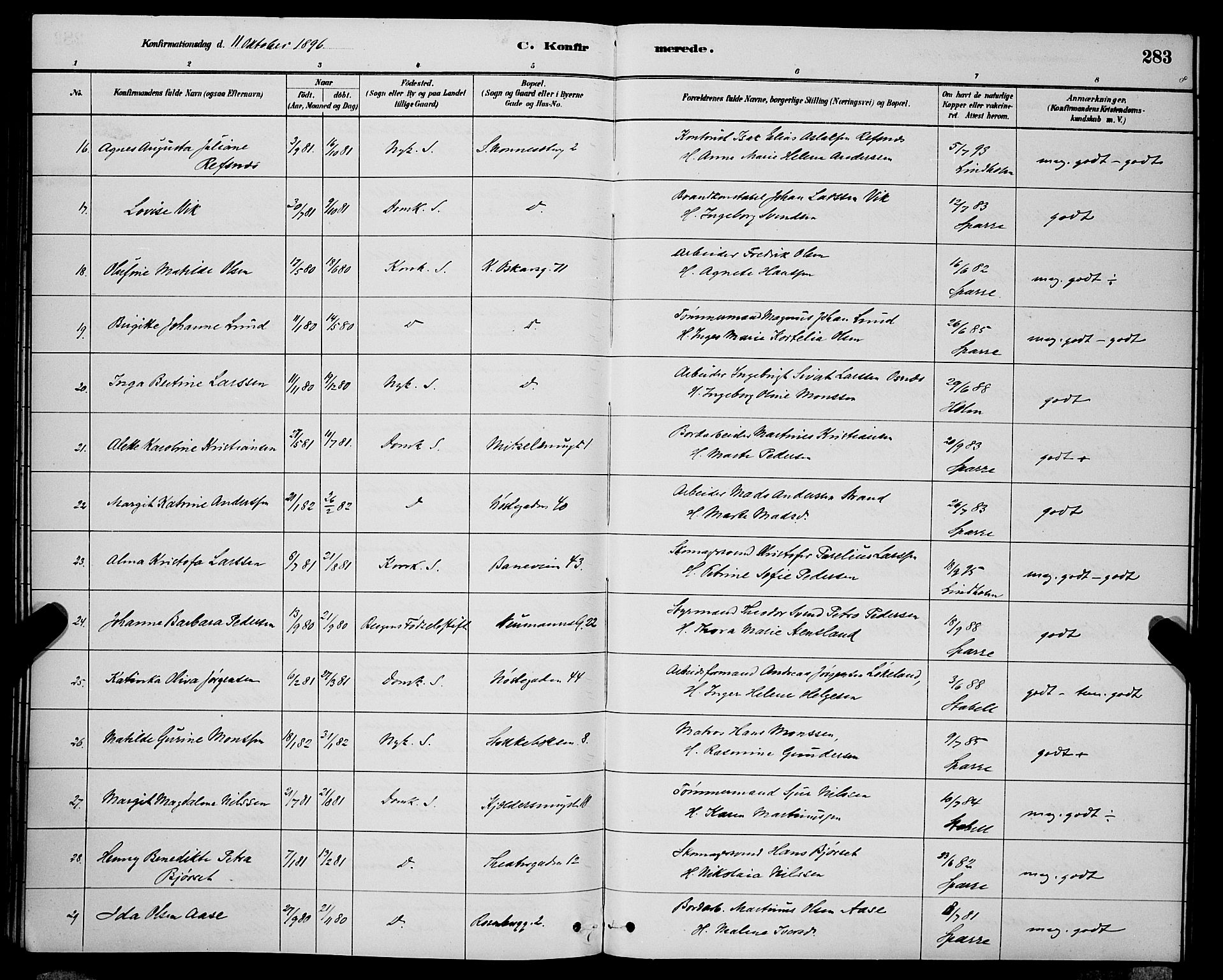 Domkirken sokneprestembete, AV/SAB-A-74801/H/Hab/L0024: Parish register (copy) no. C 4, 1880-1899, p. 283