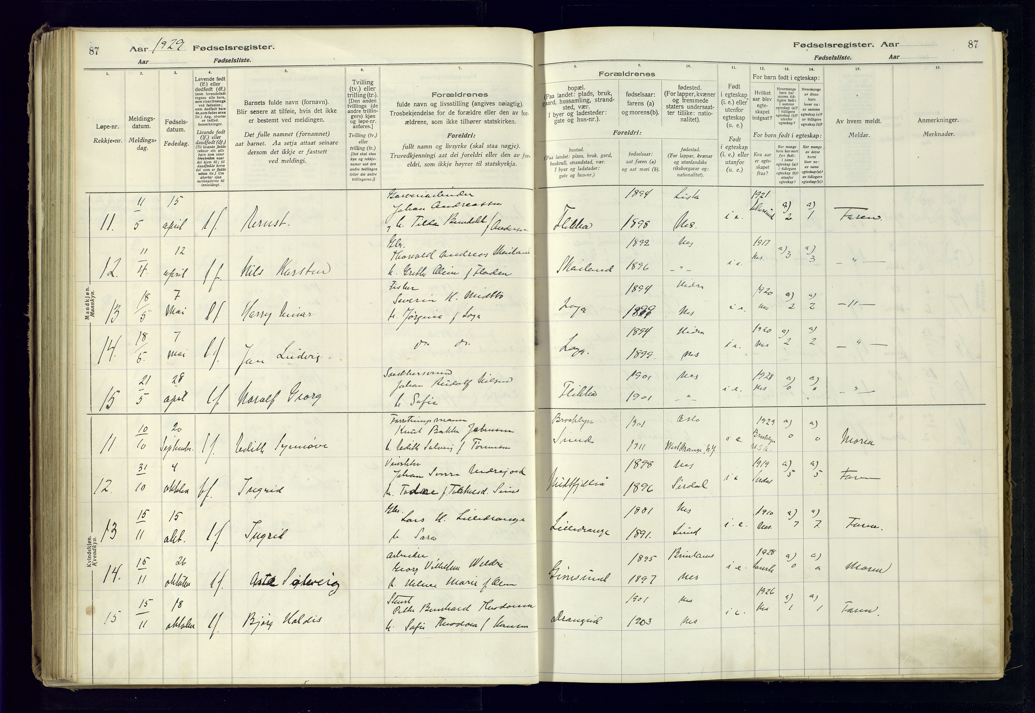 Flekkefjord sokneprestkontor, AV/SAK-1111-0012/J/Ja/L0005: Birth register no. 5, 1916-1950, p. 87