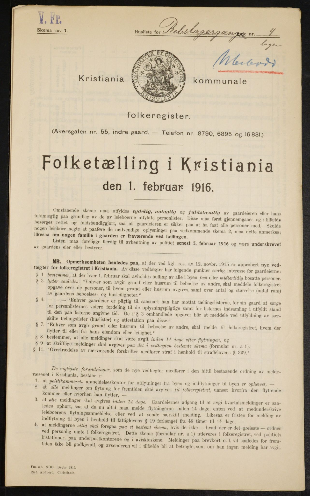 OBA, Municipal Census 1916 for Kristiania, 1916, p. 85000