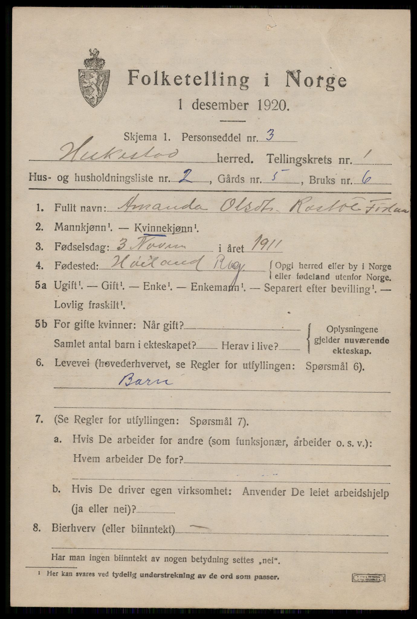 SAST, 1920 census for Heskestad, 1920, p. 383