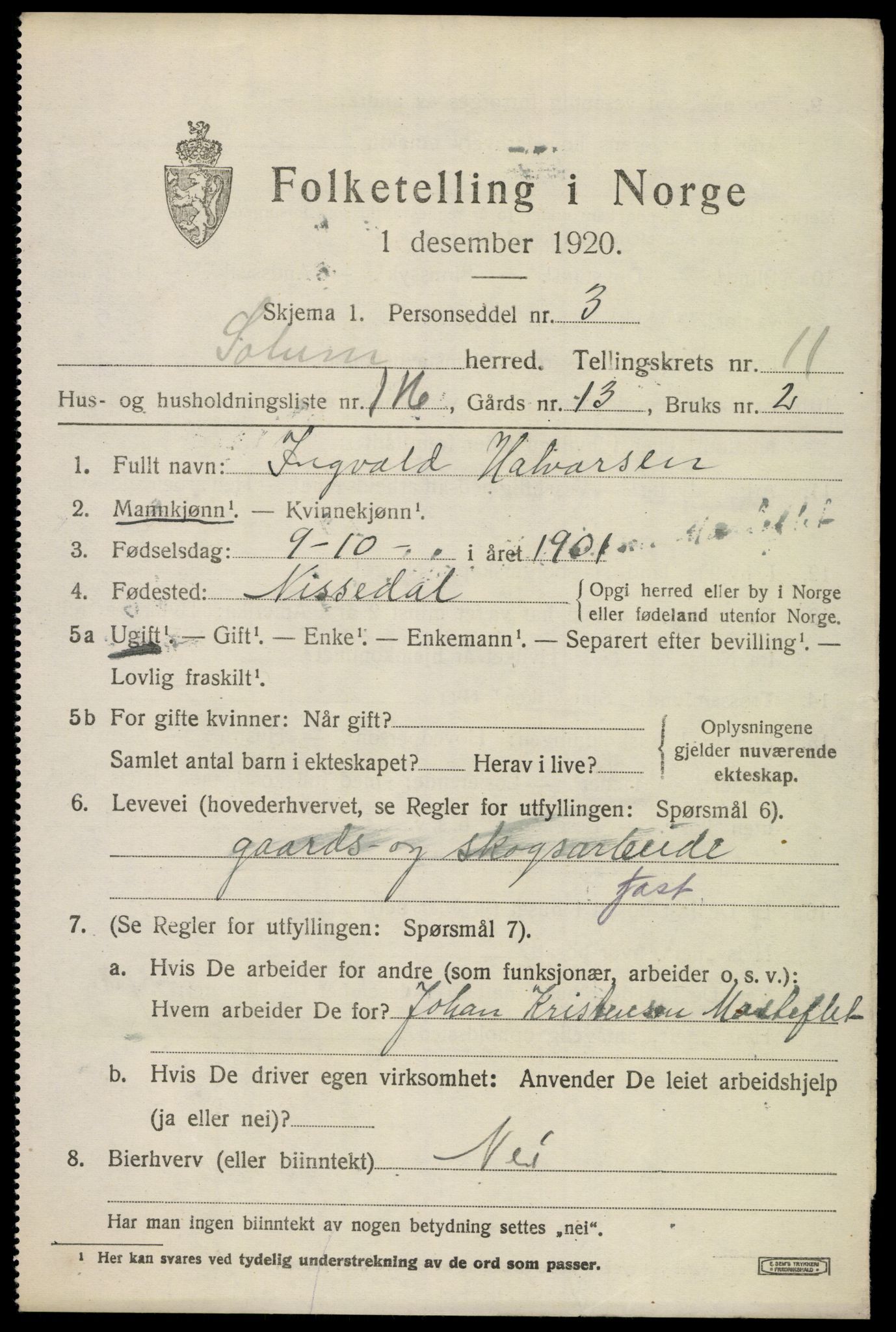 SAKO, 1920 census for Solum, 1920, p. 17022