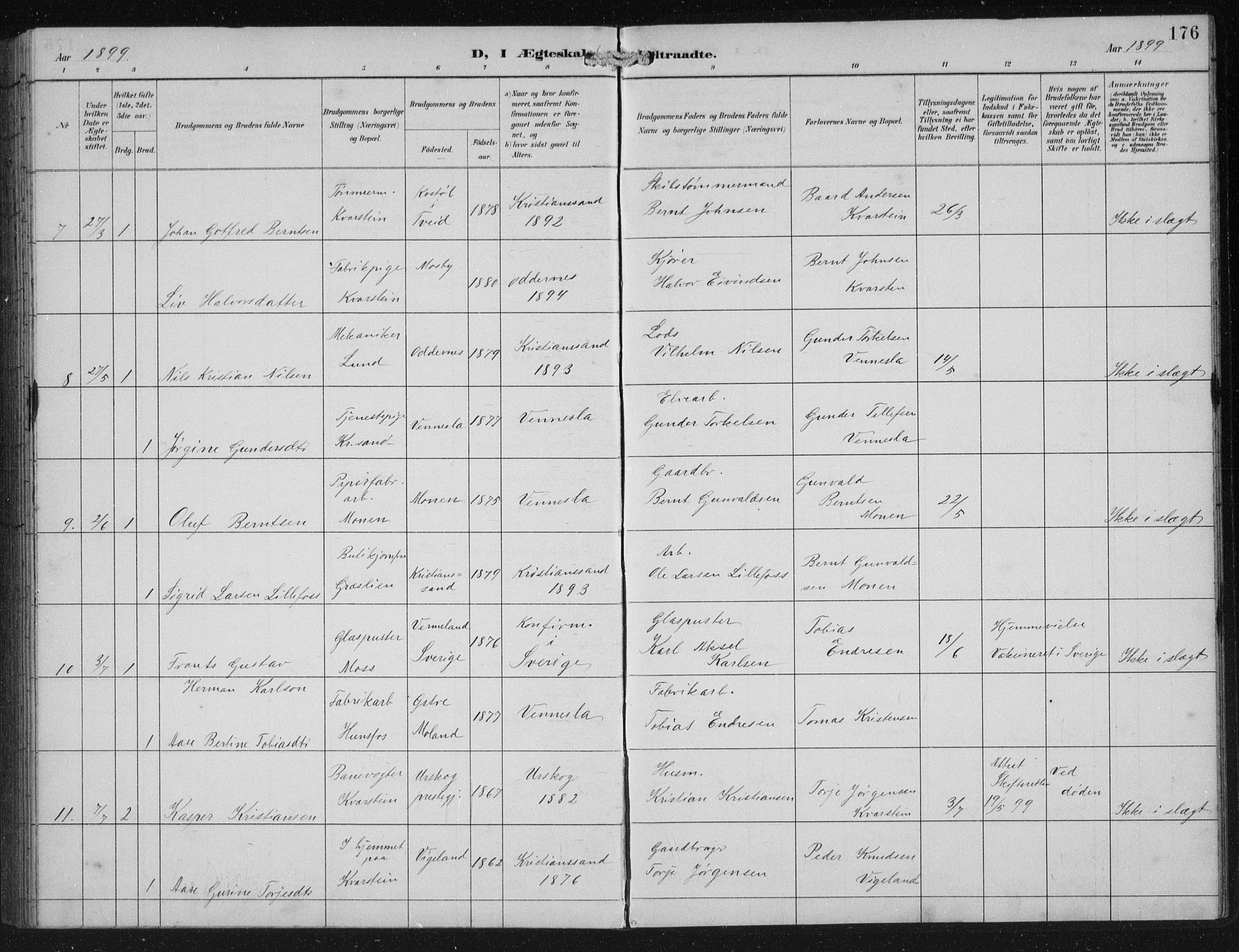 Vennesla sokneprestkontor, AV/SAK-1111-0045/Fb/Fbb/L0004: Parish register (copy) no. B 4, 1893-1902, p. 176