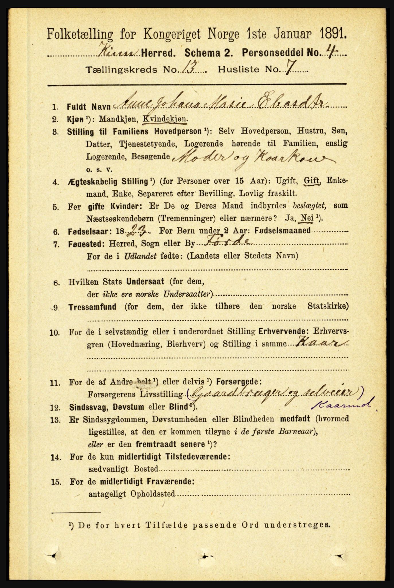 RA, 1891 census for 1437 Kinn, 1891, p. 5096