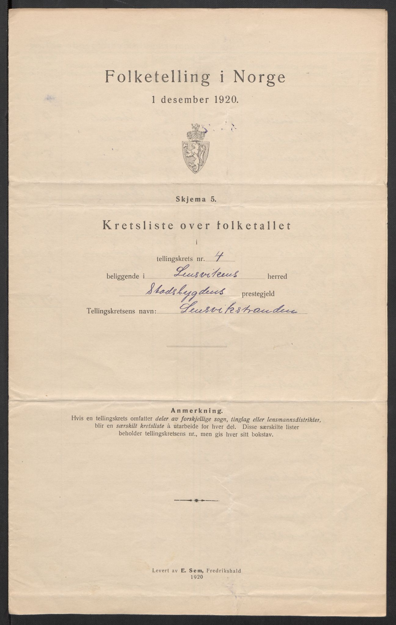 SAT, 1920 census for Lensvik, 1920, p. 15