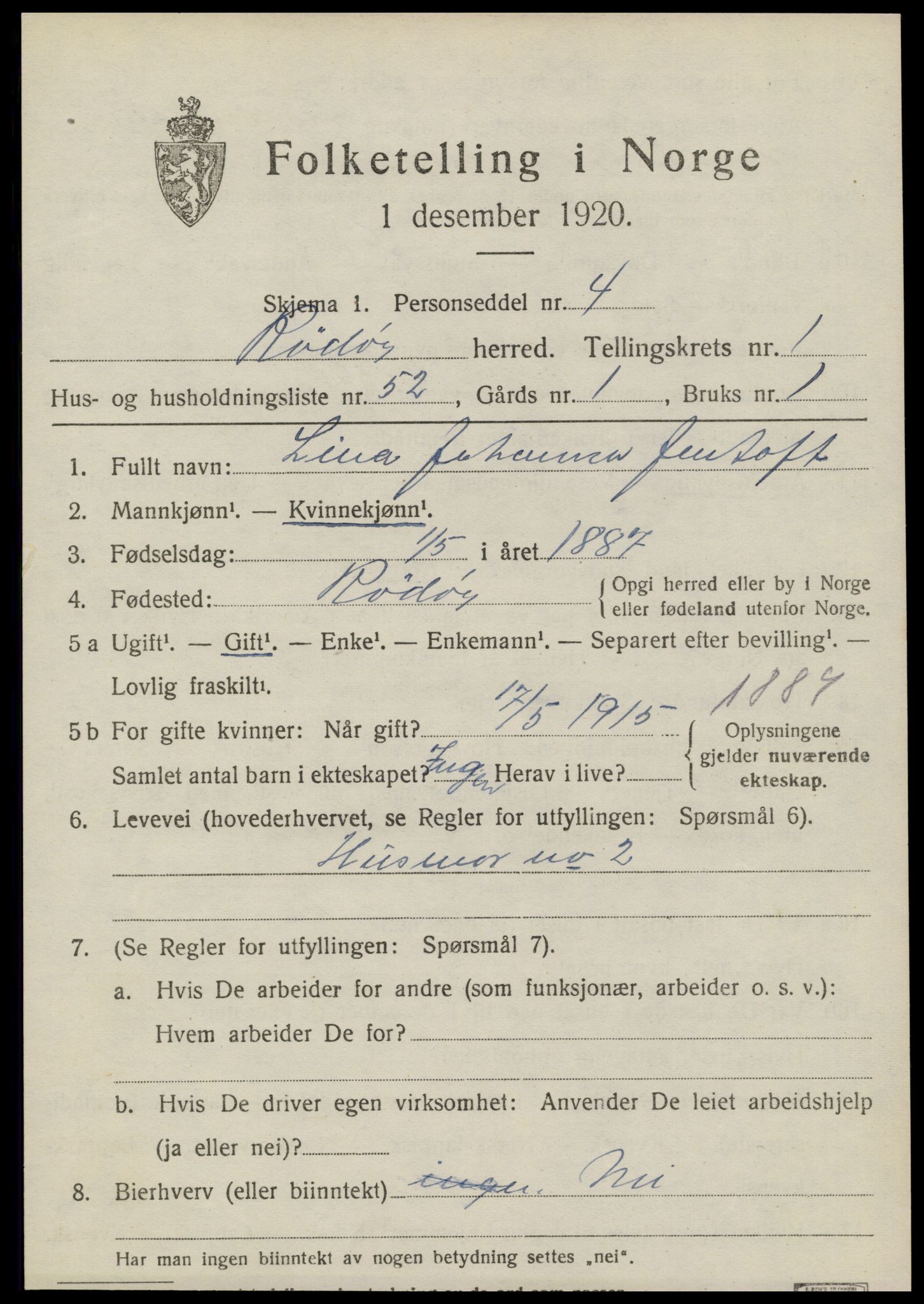 SAT, 1920 census for Rødøy, 1920, p. 1594