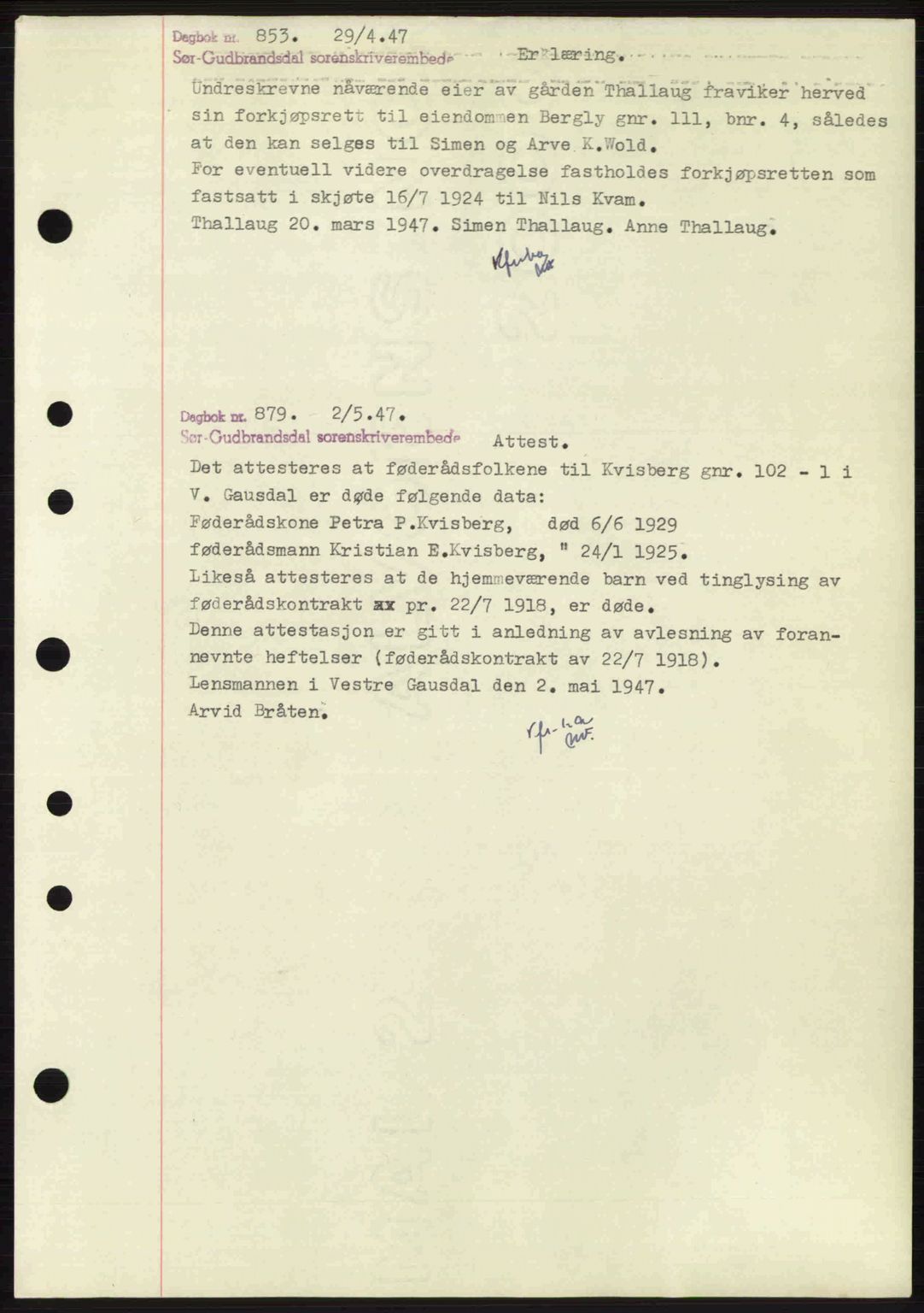 Sør-Gudbrandsdal tingrett, SAH/TING-004/H/Hb/Hbf/L0004: Mortgage book no. C5b, 1945-1951, Diary no: : 853/1947