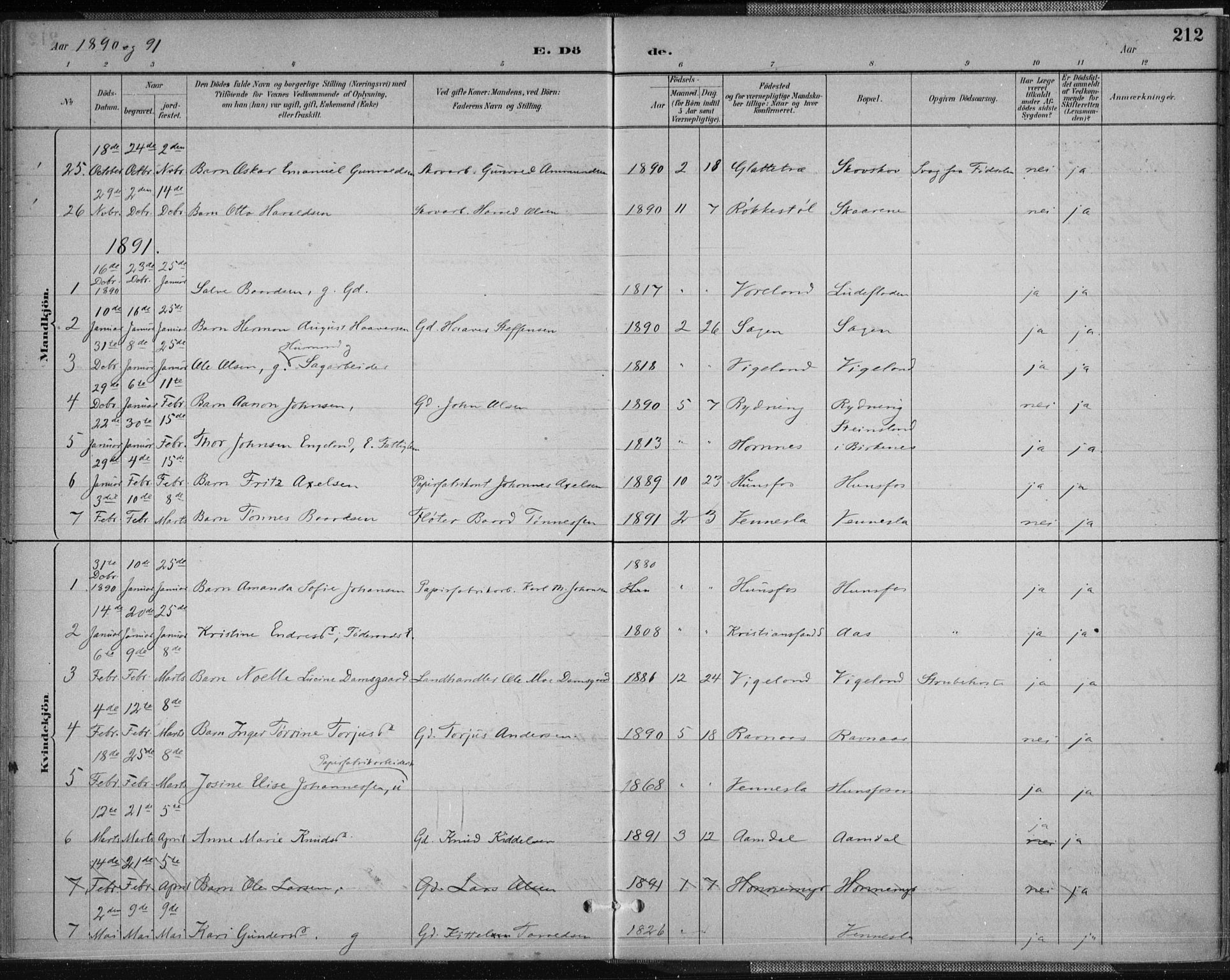 Vennesla sokneprestkontor, AV/SAK-1111-0045/Fa/Fab/L0004: Parish register (official) no. A 4, 1884-1896, p. 212