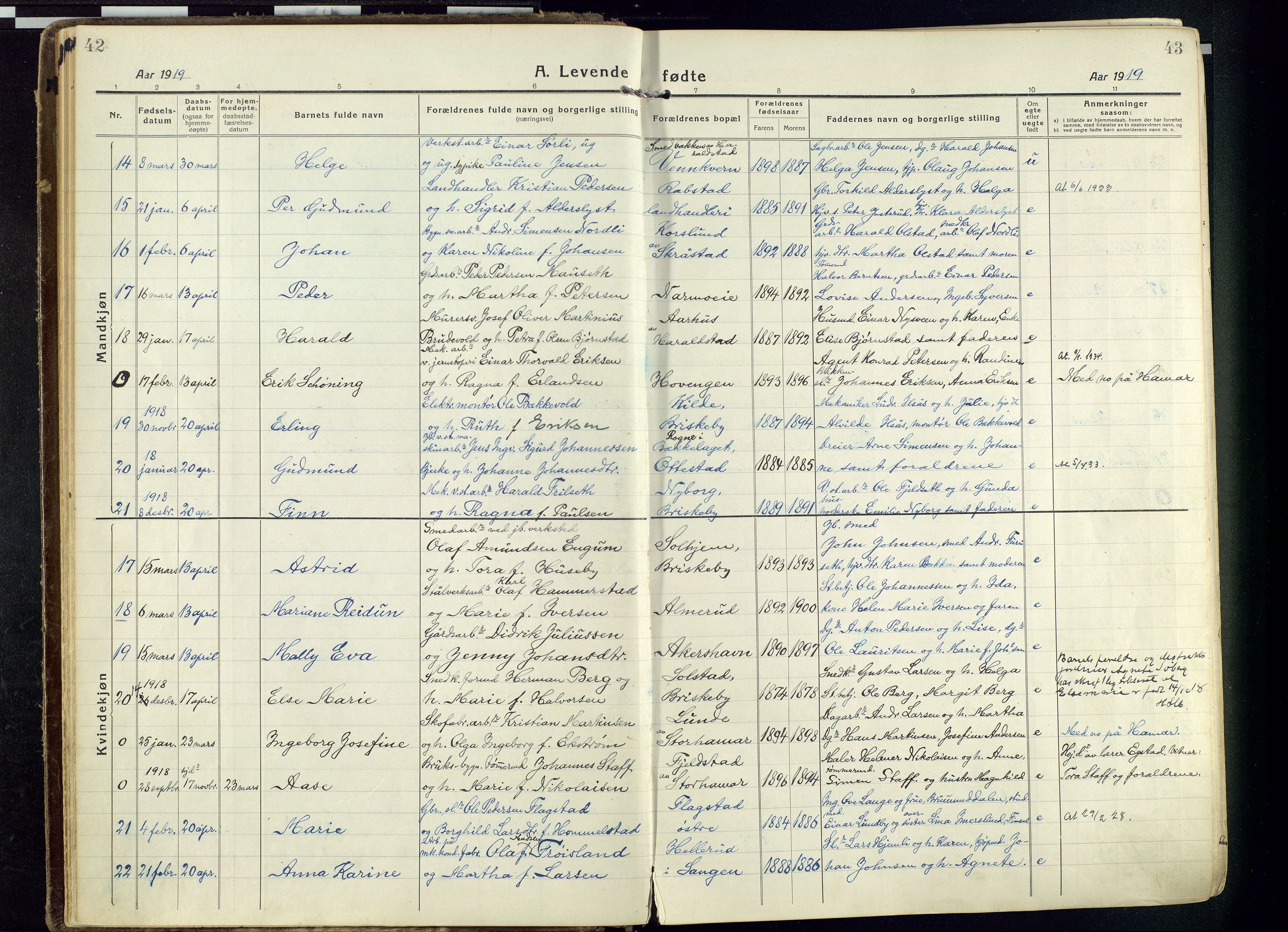 Vang prestekontor, Hedmark, AV/SAH-PREST-008/H/Ha/Haa/L0022: Parish register (official) no. 22, 1918-1944, p. 42-43