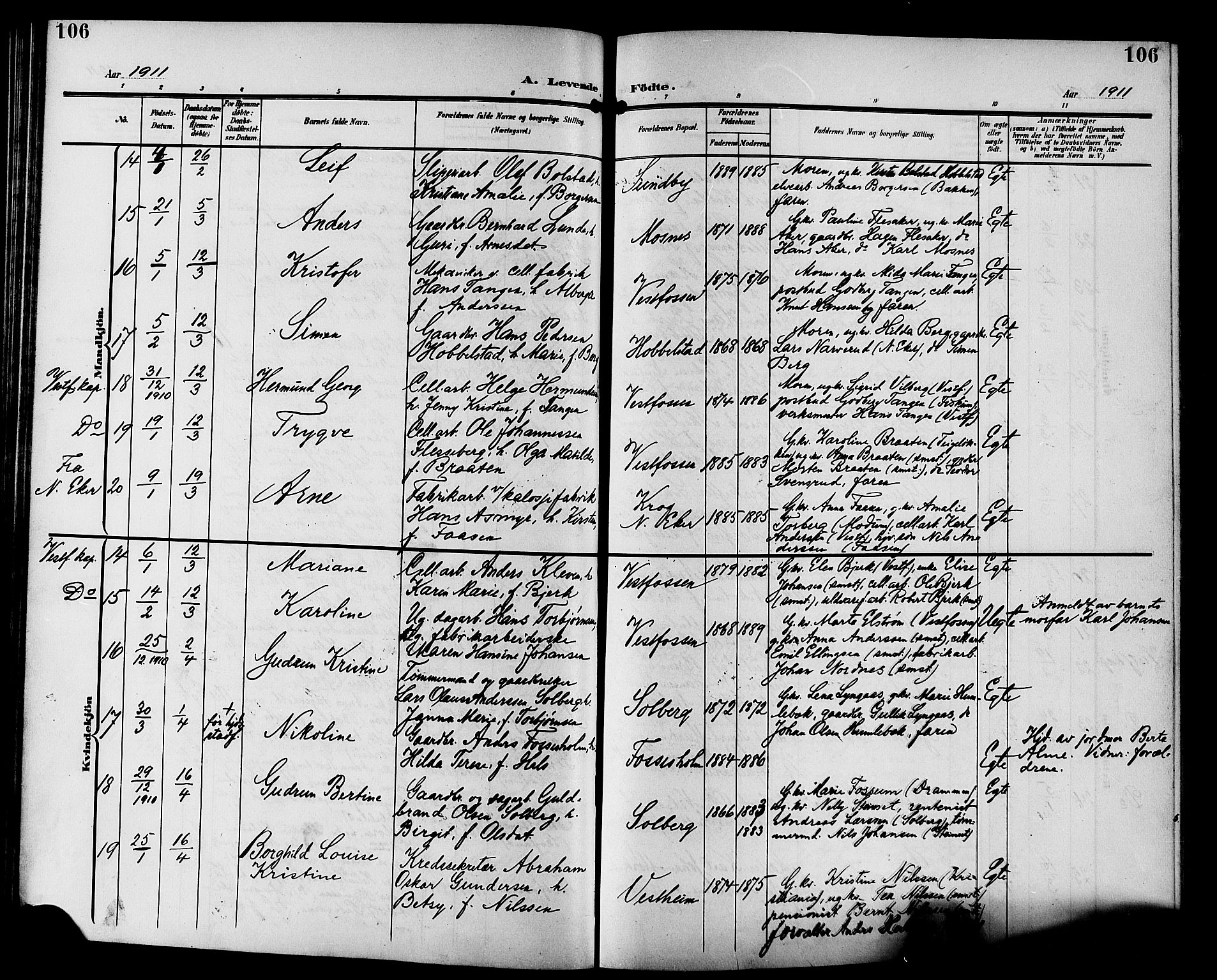 Eiker kirkebøker, AV/SAKO-A-4/G/Ga/L0008: Parish register (copy) no. I 8, 1903-1914, p. 106