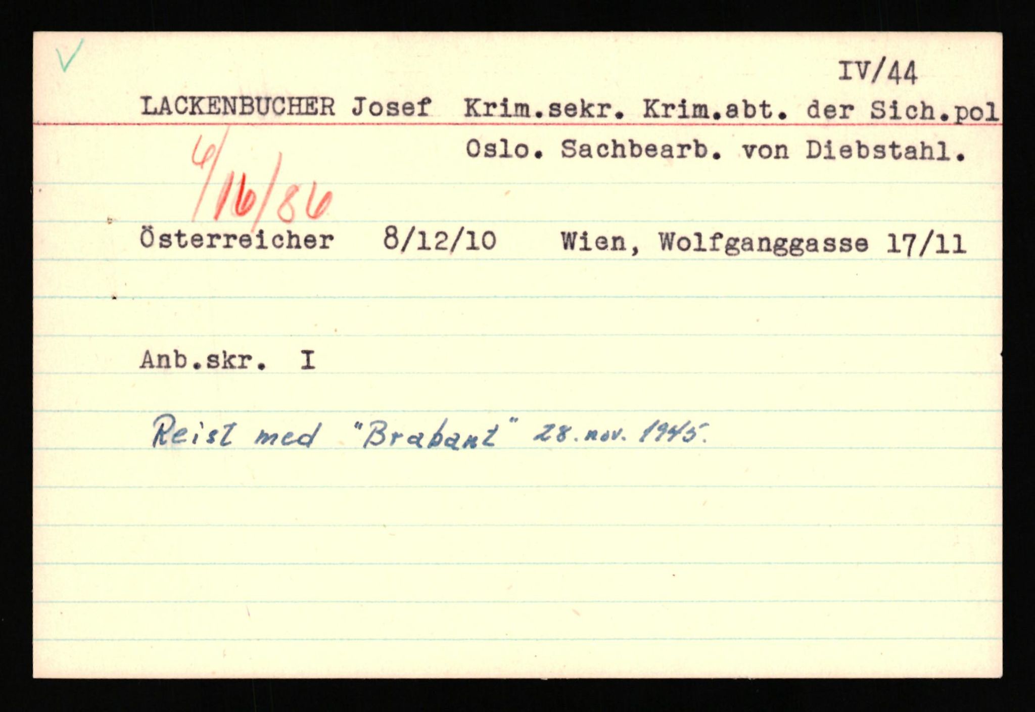 Forsvaret, Forsvarets overkommando II, AV/RA-RAFA-3915/D/Db/L0039: CI Questionaires. Tyske okkupasjonsstyrker i Norge. Østerrikere., 1945-1946, p. 228