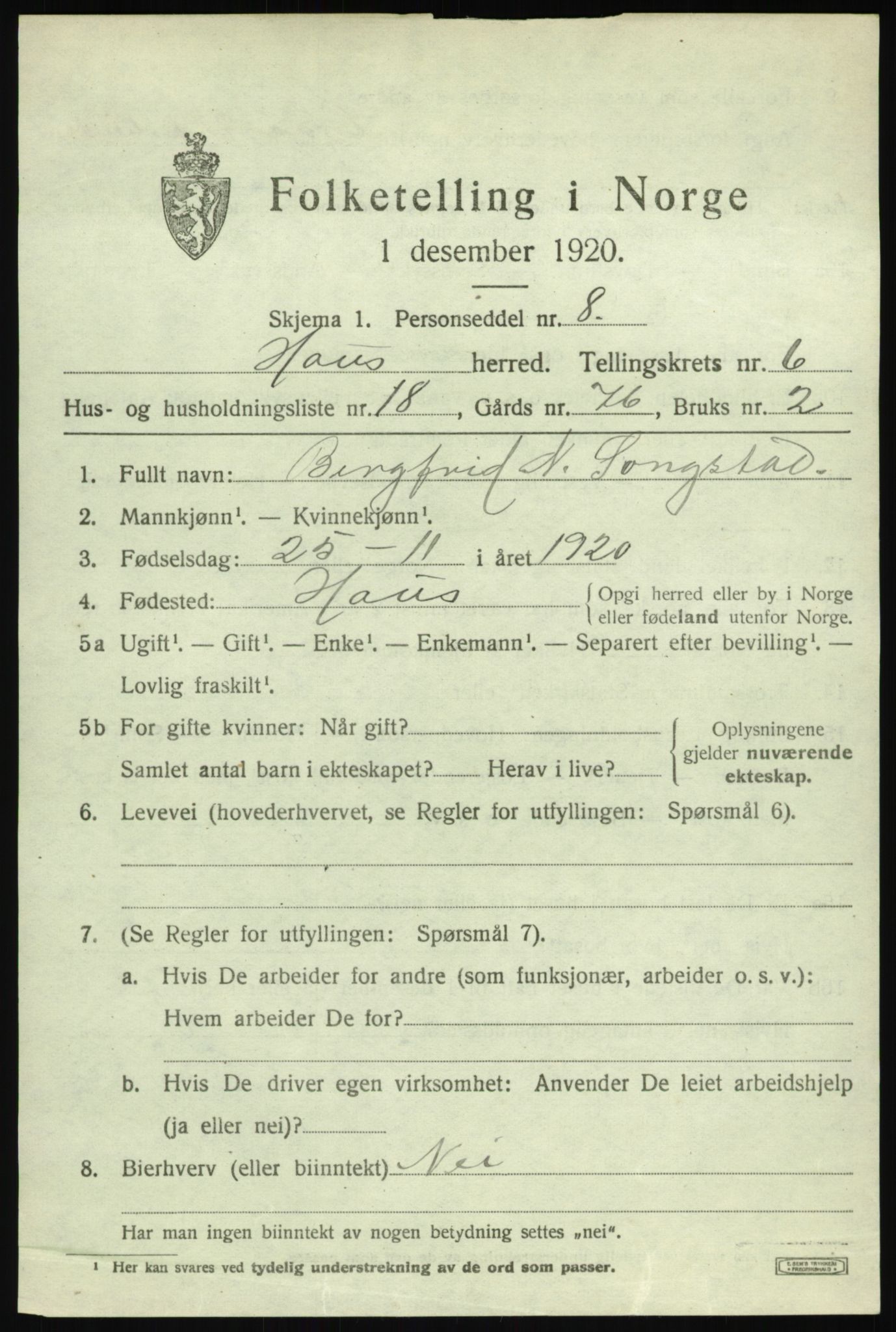 SAB, 1920 census for Haus, 1920, p. 4145