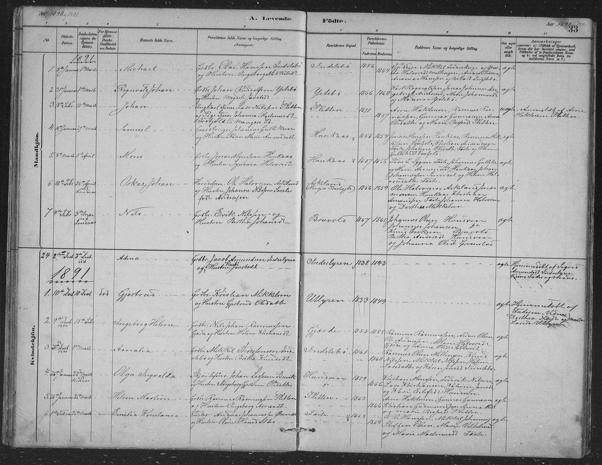 Alversund Sokneprestembete, SAB/A-73901/H/Ha/Hab: Parish register (copy) no. B 3, 1881-1896, p. 33