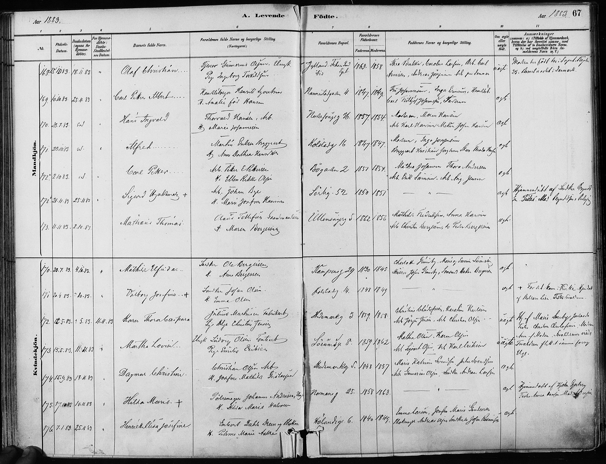 Kampen prestekontor Kirkebøker, SAO/A-10853/F/Fa/L0001: Parish register (official) no. I 1, 1880-1886, p. 67