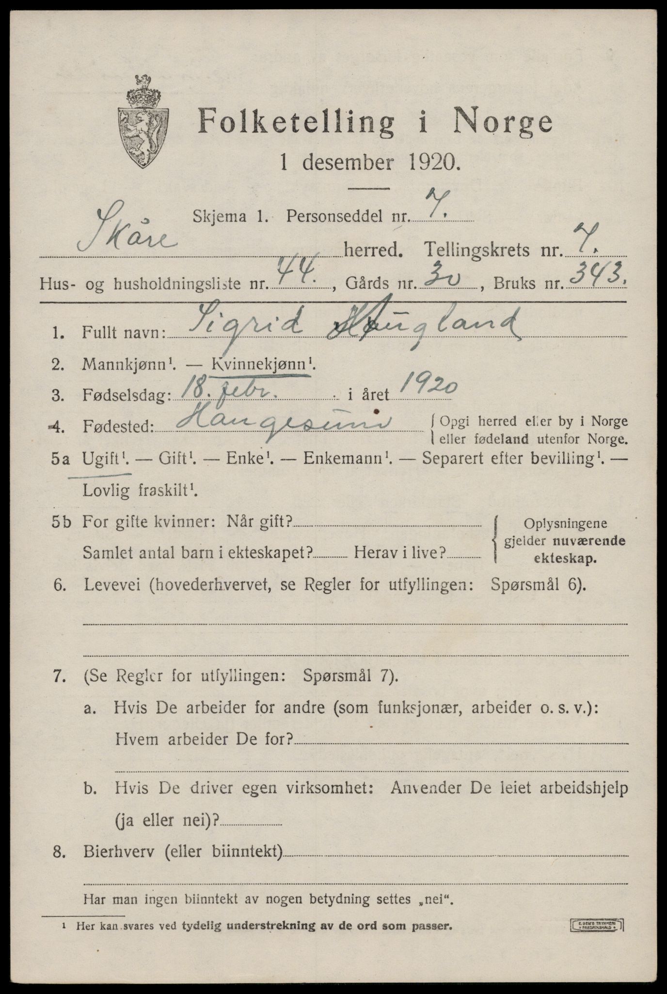 SAST, 1920 census for Skåre, 1920, p. 5714