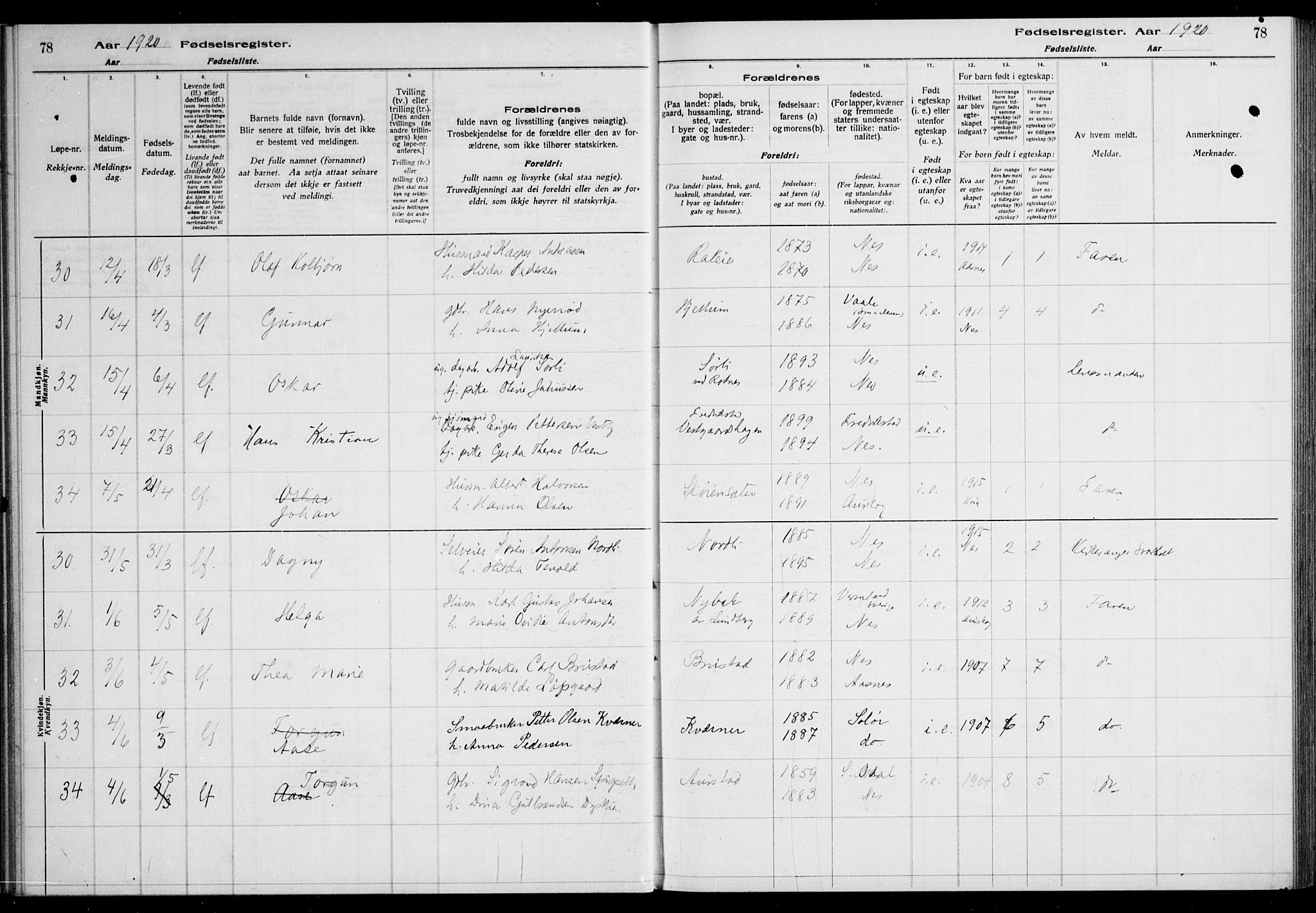 Nes prestekontor Kirkebøker, AV/SAO-A-10410/J/Ja/L0001: Birth register no. 1, 1916-1926, p. 78