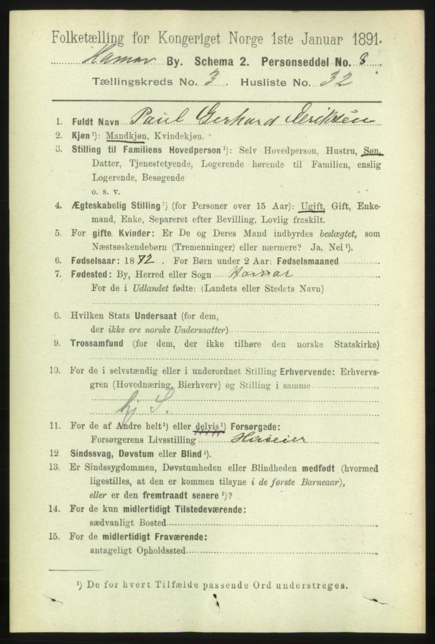 RA, 1891 census for 0401 Hamar, 1891, p. 2505