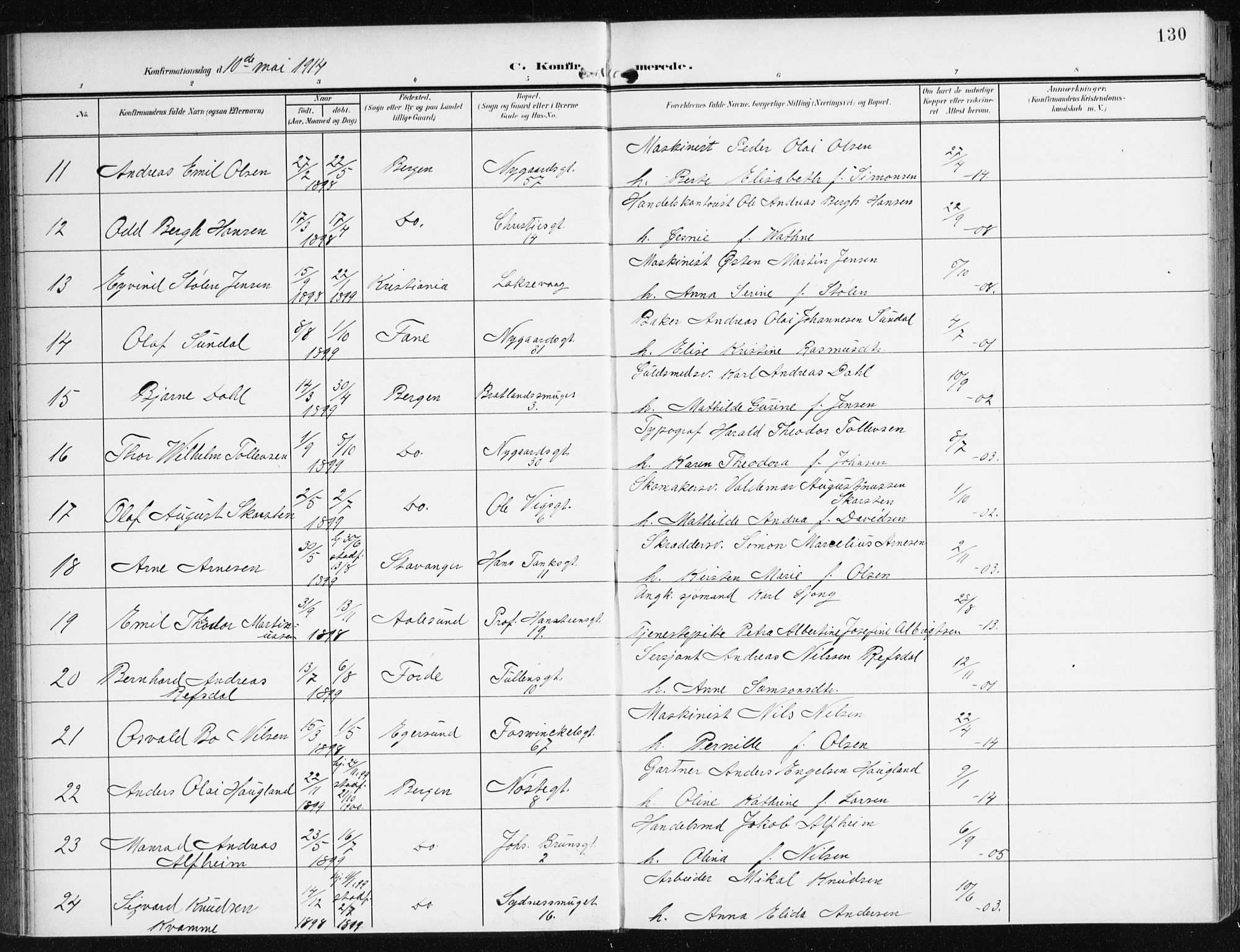 Johanneskirken sokneprestembete, AV/SAB-A-76001/H/Haa/L0009: Parish register (official) no. C 2, 1907-1924, p. 130