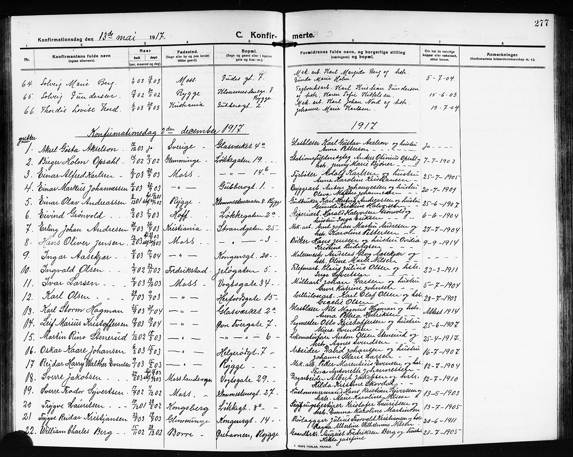 Moss prestekontor Kirkebøker, AV/SAO-A-2003/G/Ga/L0008: Parish register (copy) no. I 8, 1913-1923, p. 277