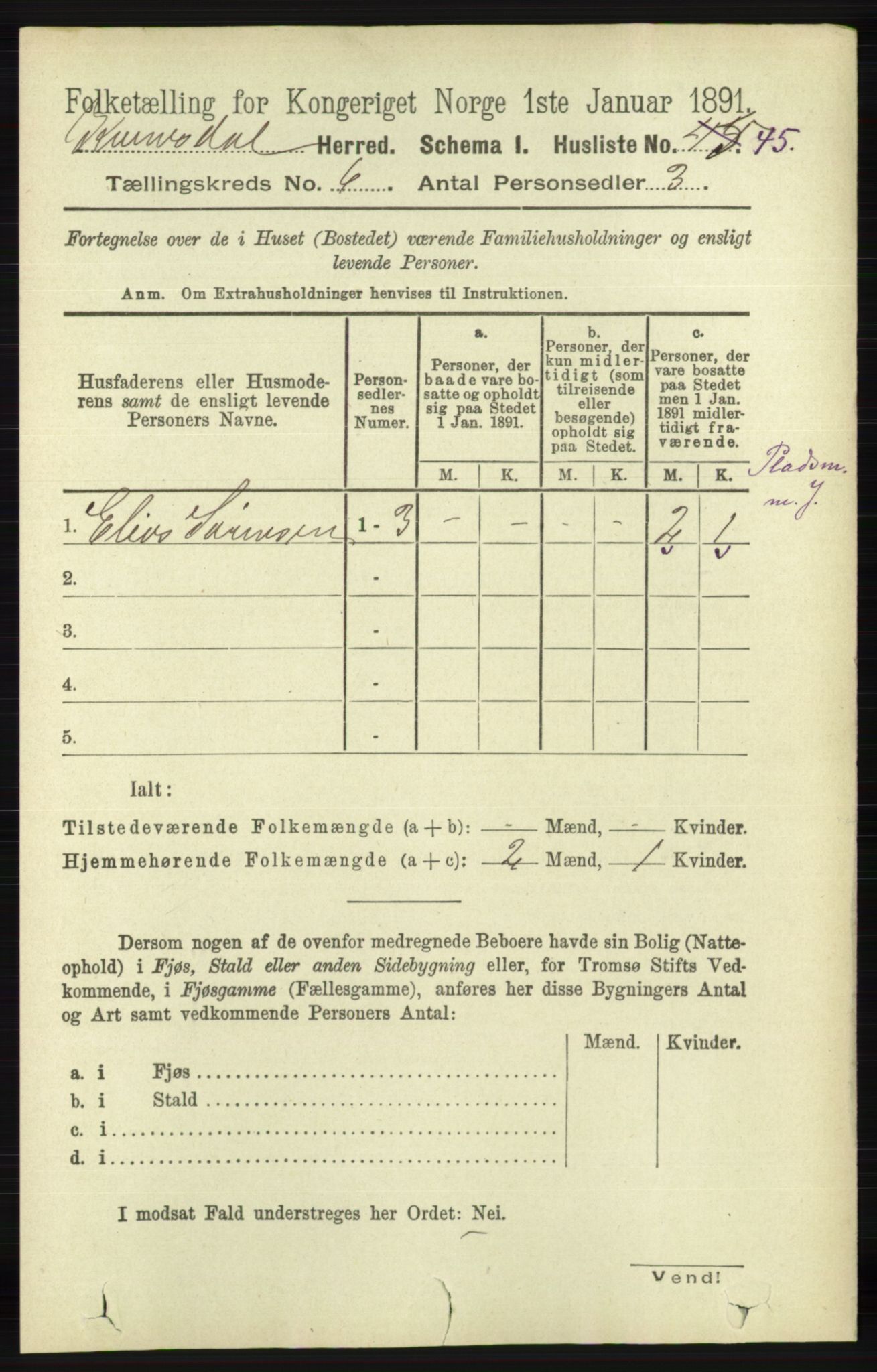 RA, 1891 census for 1037 Kvinesdal, 1891, p. 2095