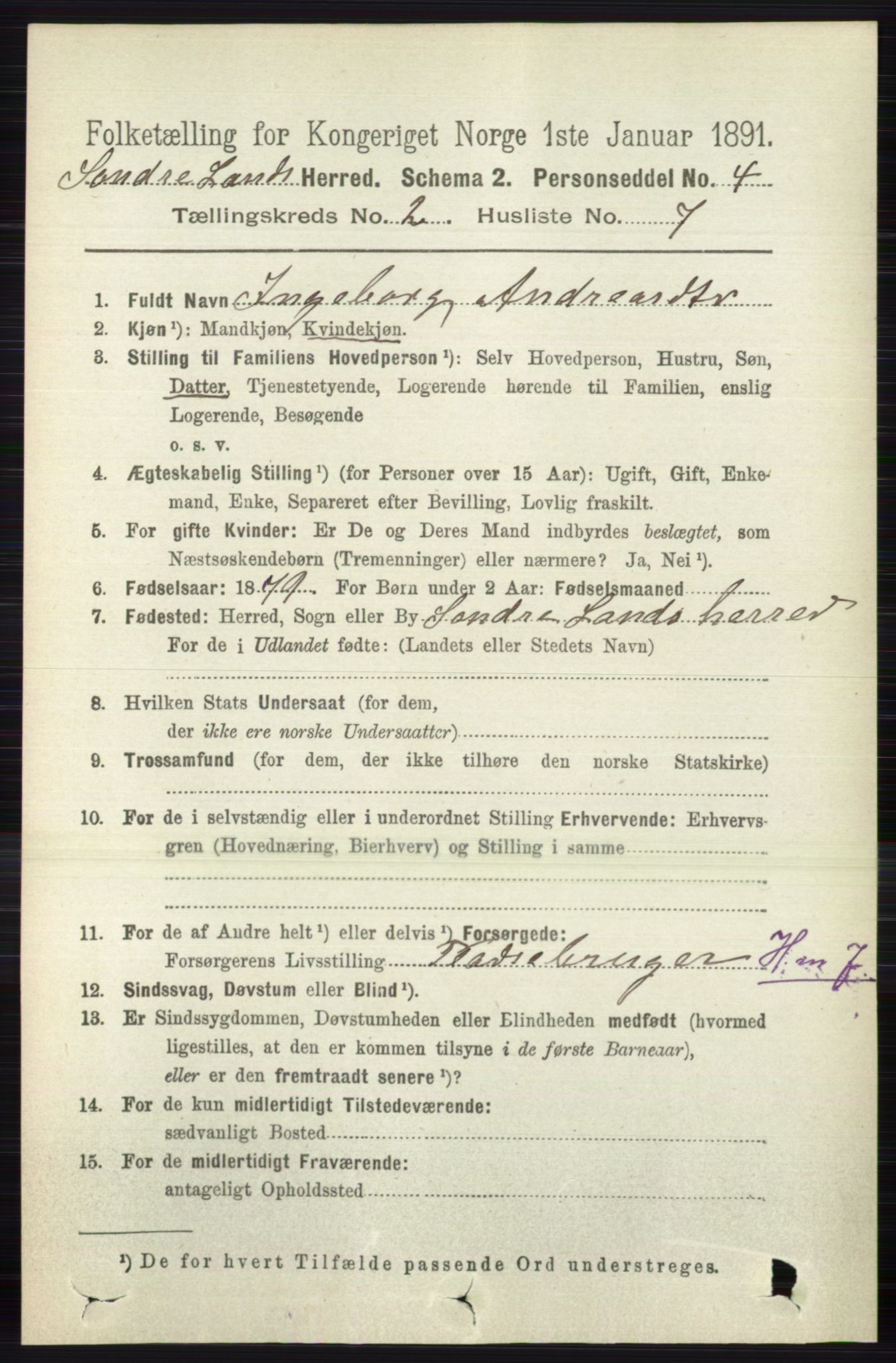 RA, 1891 census for 0536 Søndre Land, 1891, p. 1076