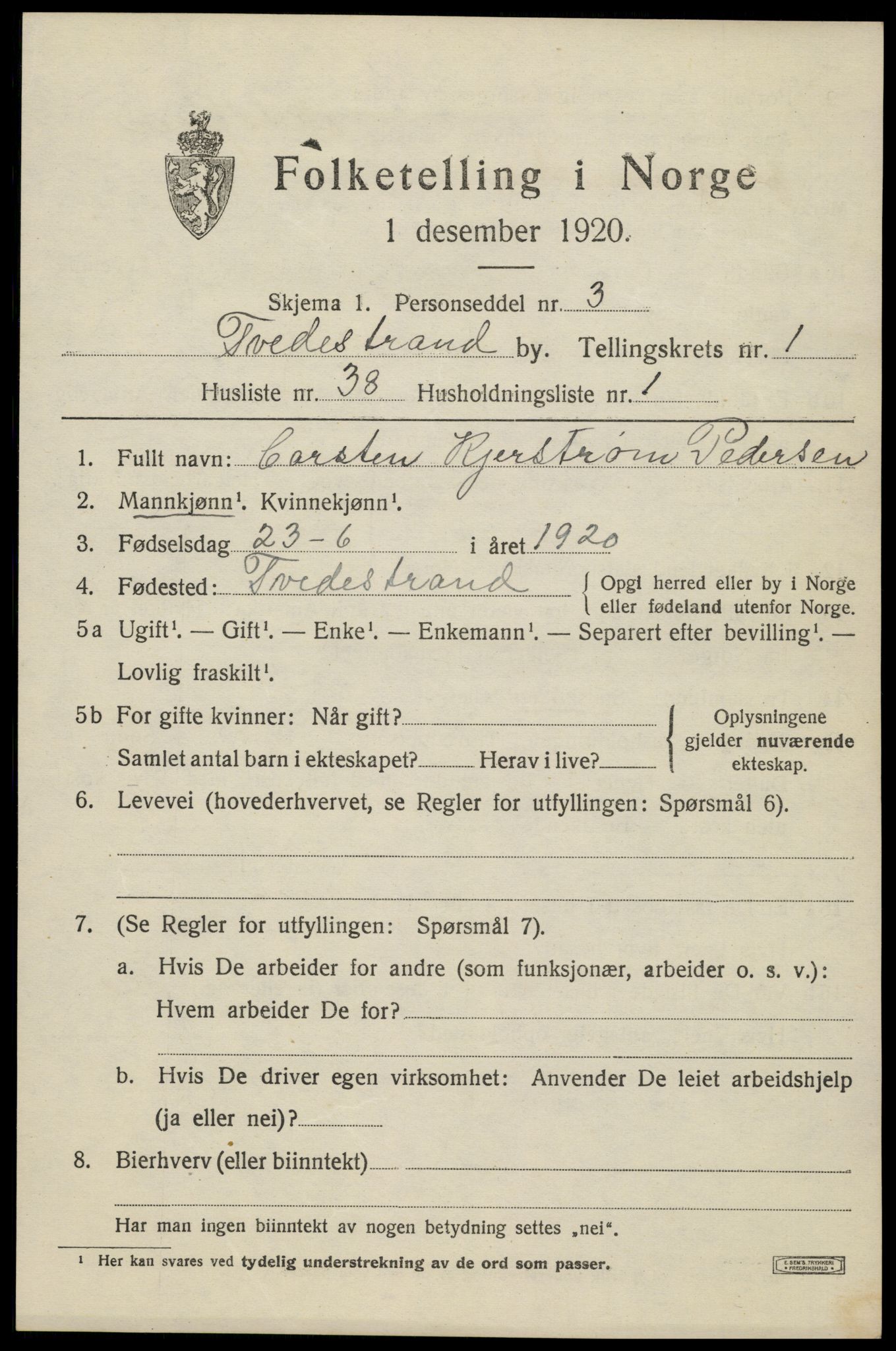 SAK, 1920 census for Tvedestrand, 1920, p. 1709