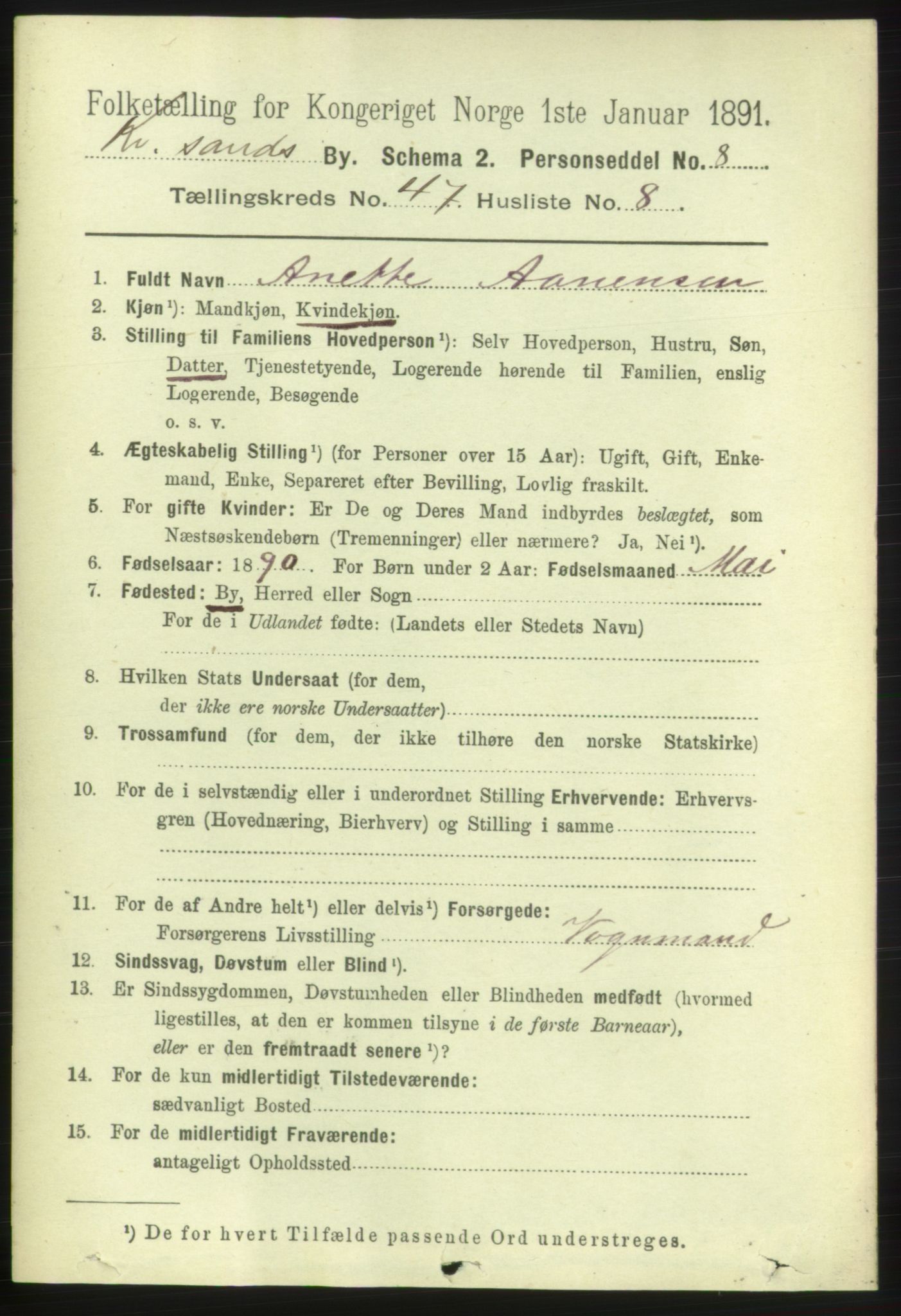 RA, 1891 census for 1001 Kristiansand, 1891, p. 14672