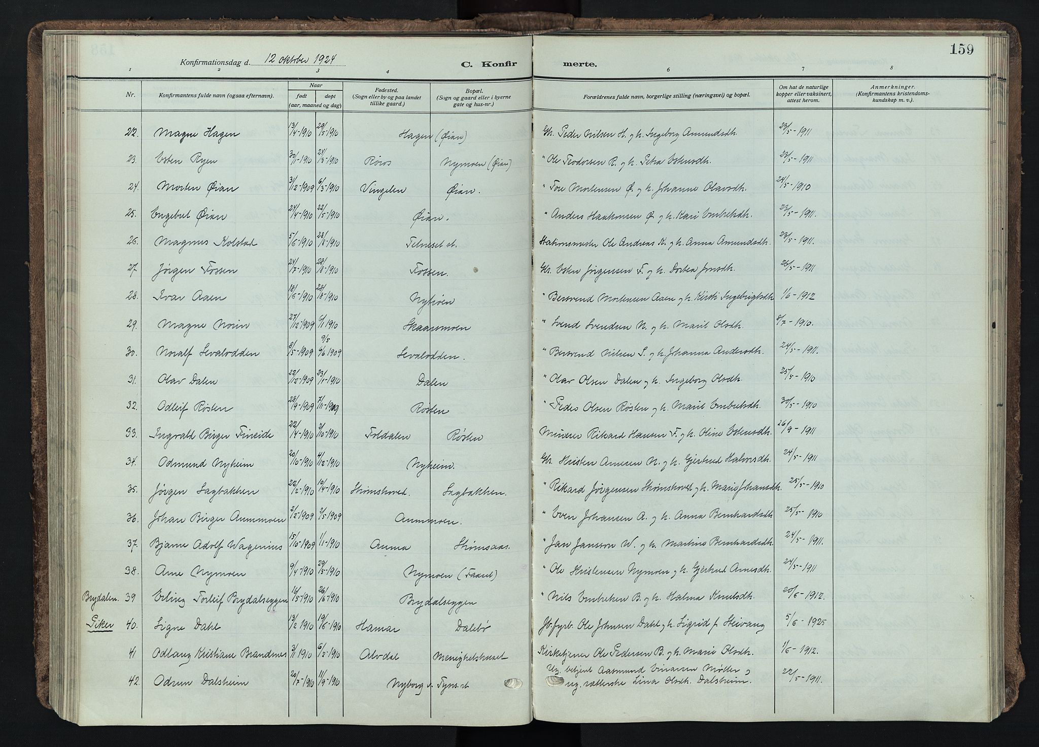 Tynset prestekontor, SAH/PREST-058/H/Ha/Haa/L0026: Parish register (official) no. 26, 1915-1929, p. 159