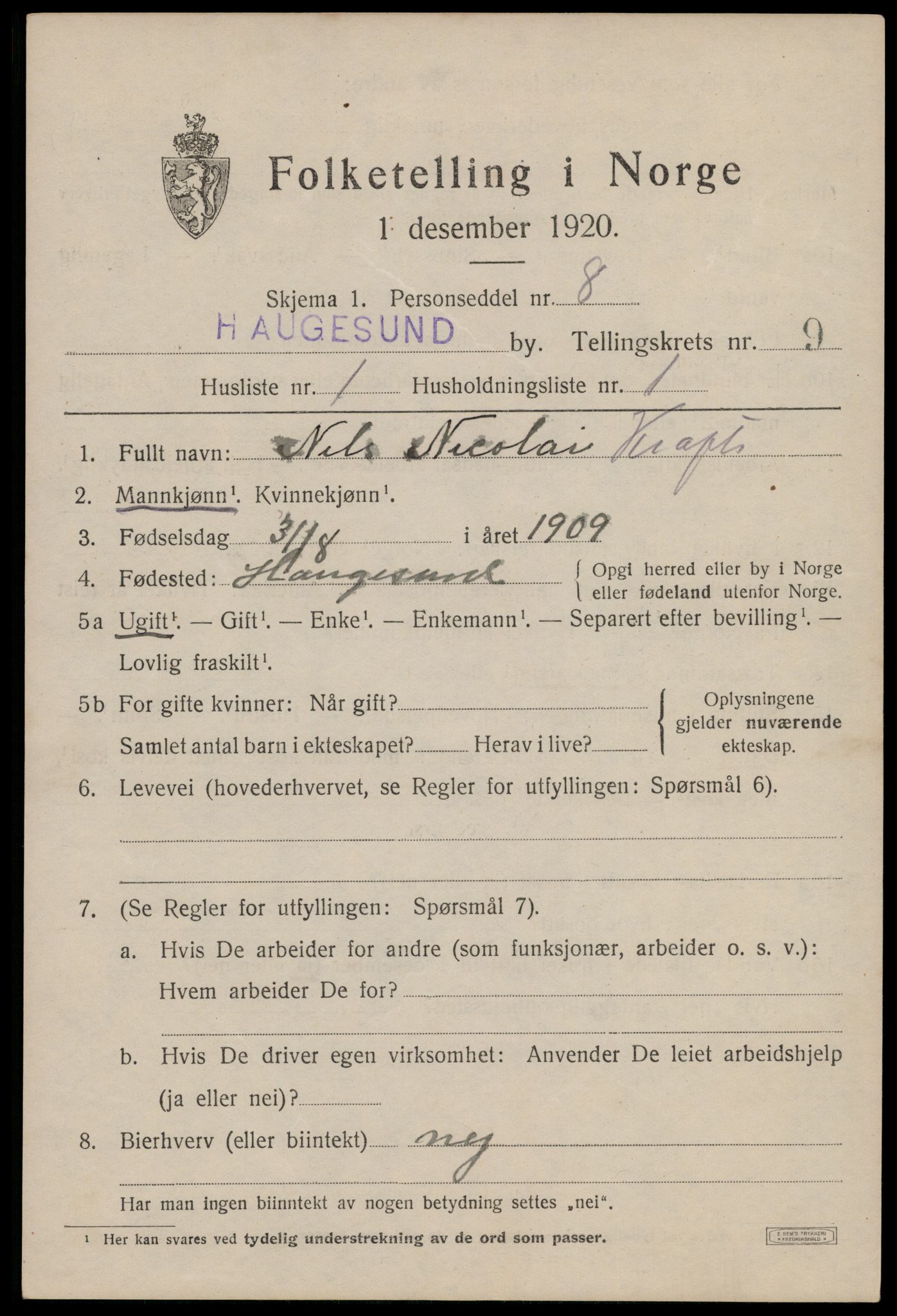 SAST, 1920 census for Haugesund, 1920, p. 32189