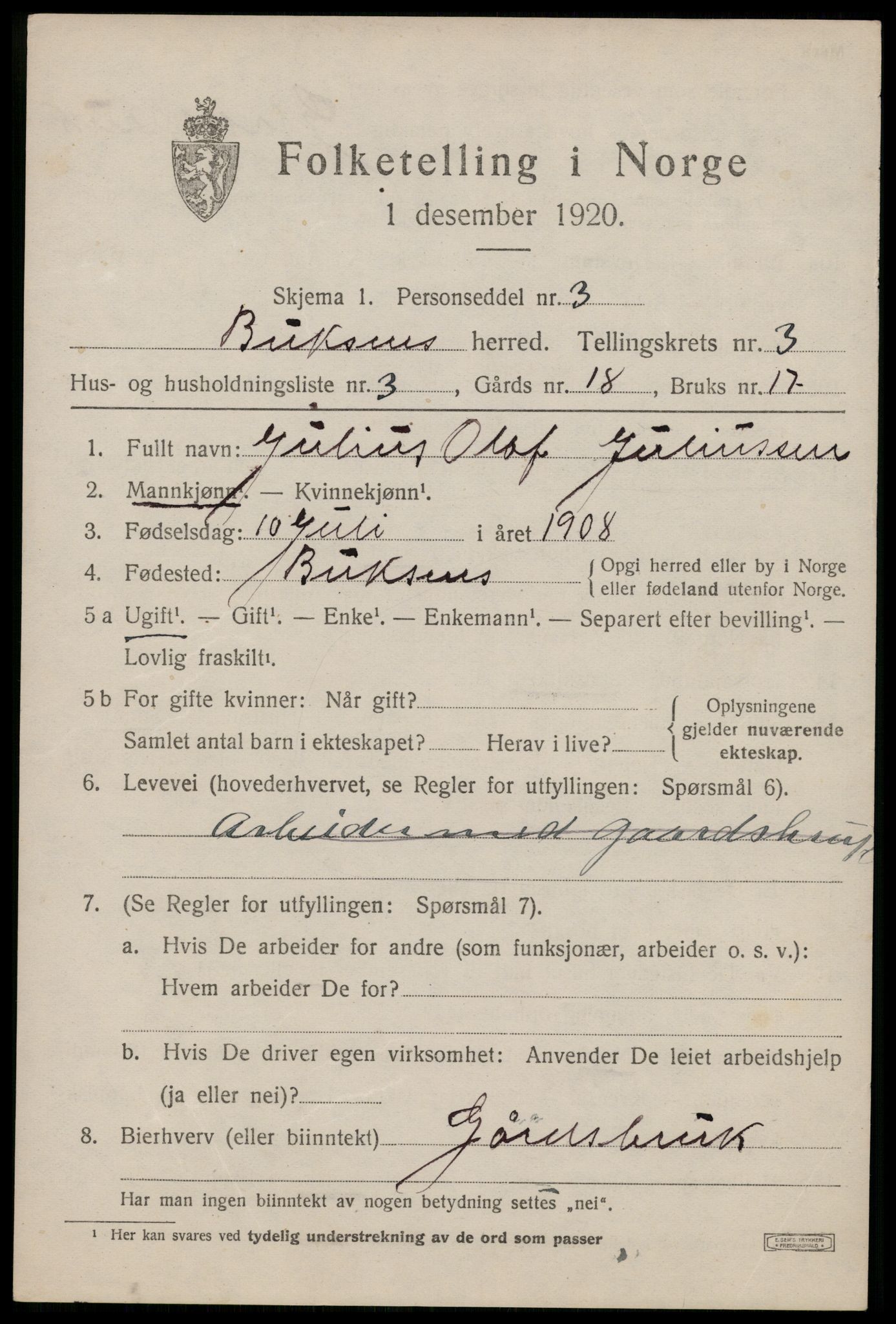 SAT, 1920 census for Buksnes, 1920, p. 3411