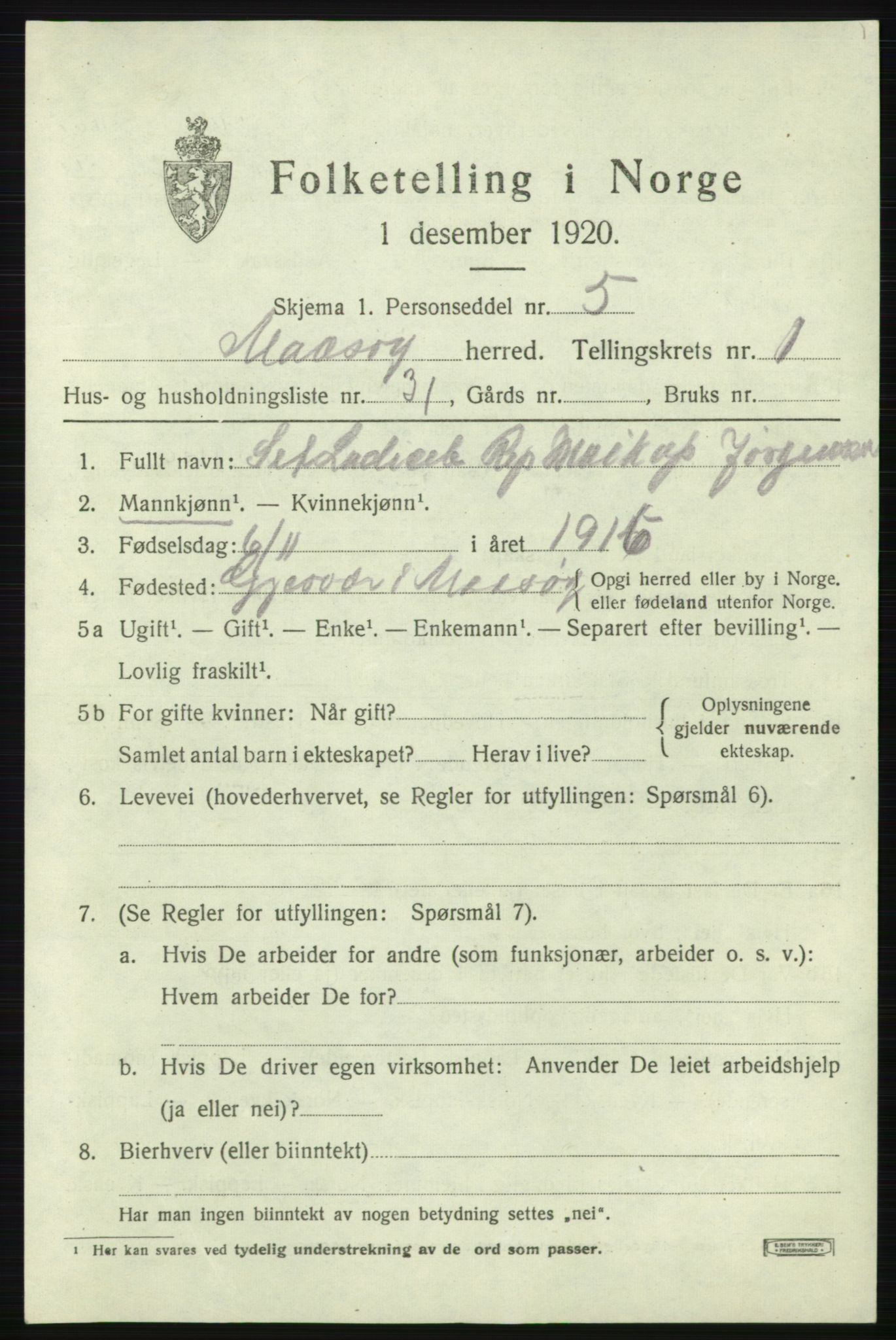 SATØ, 1920 census for Måsøy, 1920, p. 1164