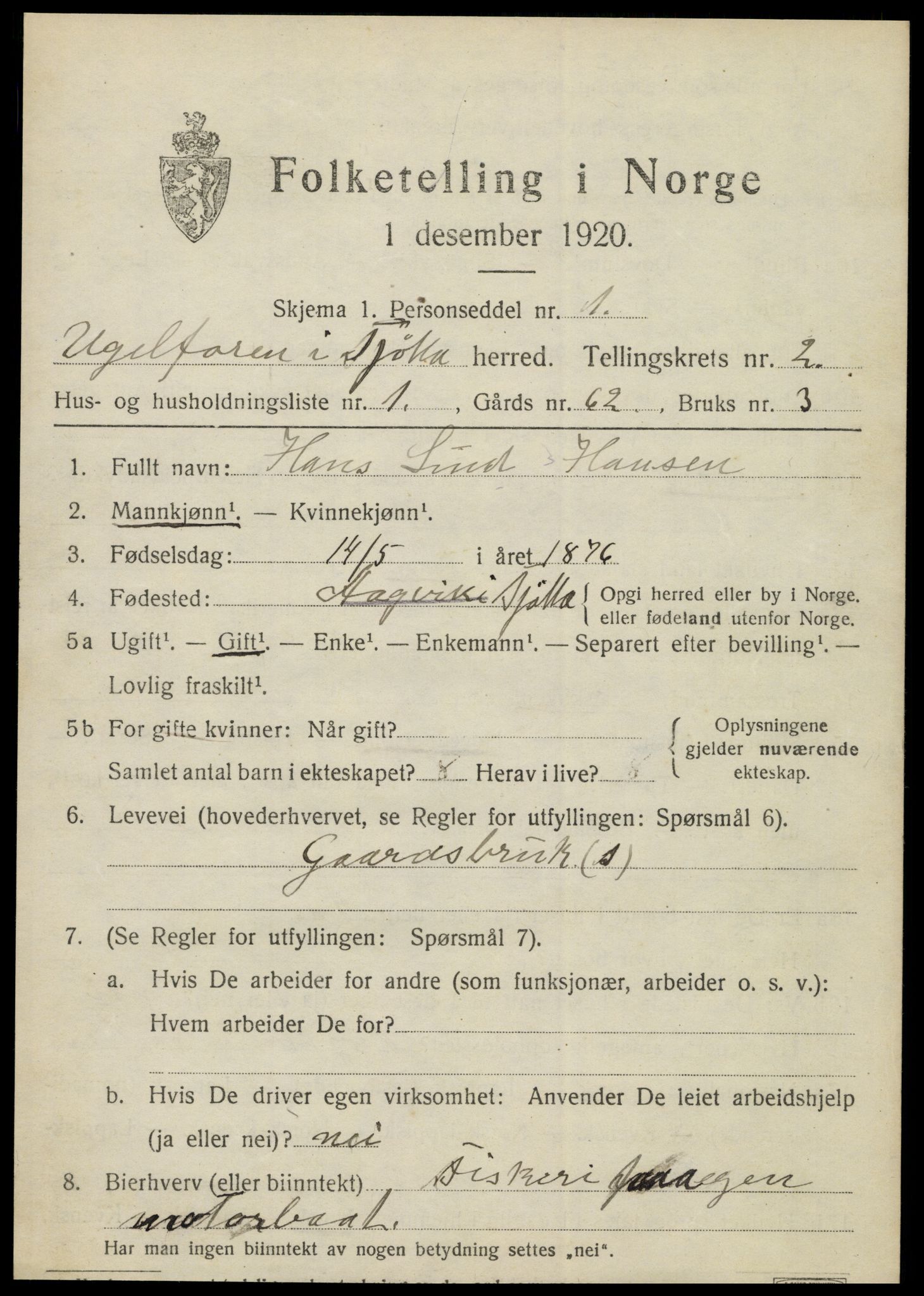SAT, 1920 census for Tjøtta, 1920, p. 1211