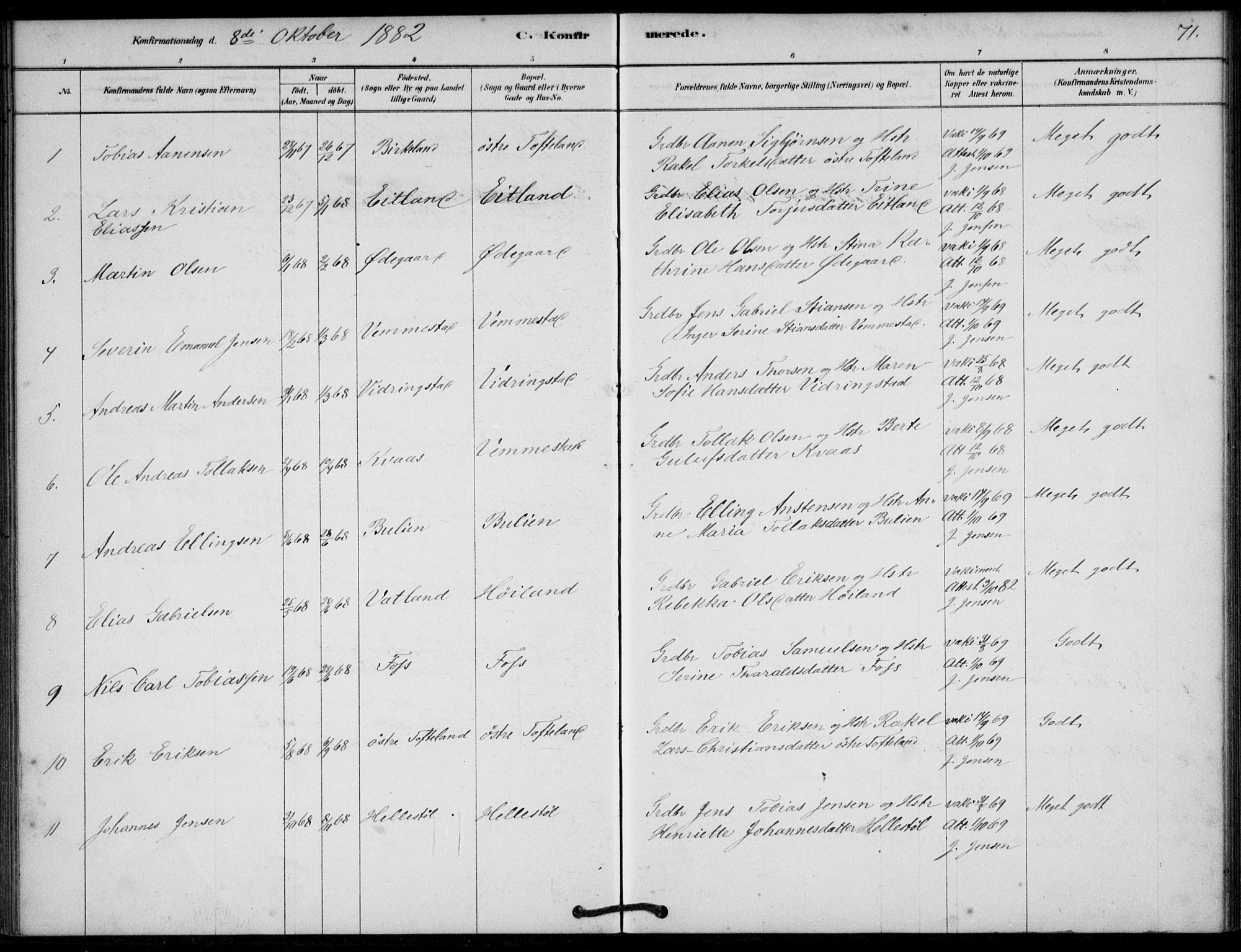 Lyngdal sokneprestkontor, SAK/1111-0029/F/Fa/Fab/L0003: Parish register (official) no. A 3, 1878-1903, p. 71