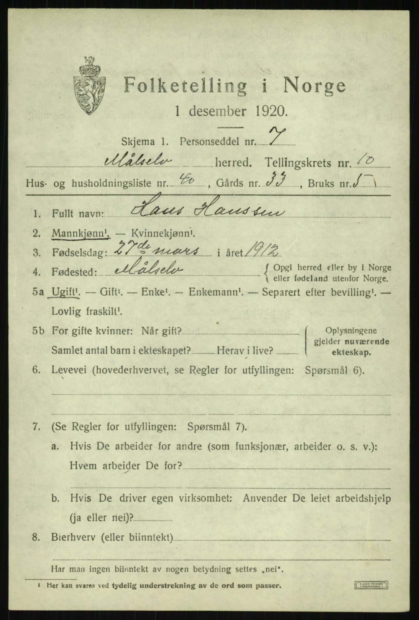 SATØ, 1920 census for Målselv, 1920, p. 6037