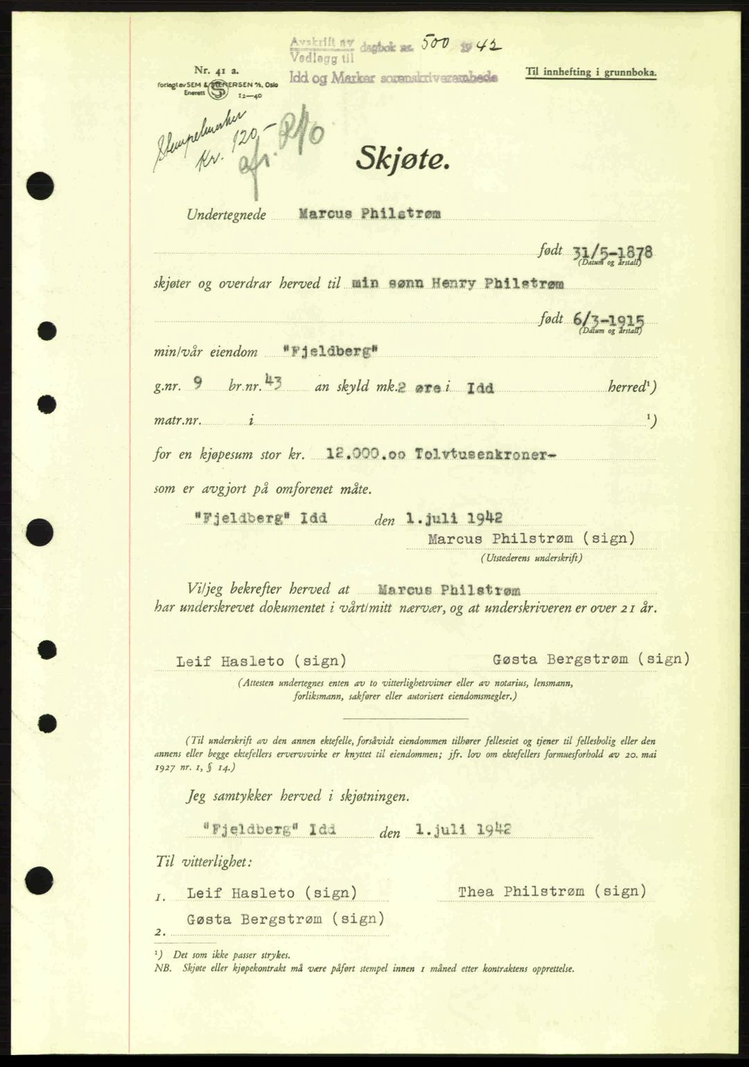 Idd og Marker sorenskriveri, AV/SAO-A-10283/G/Gb/Gbb/L0005: Mortgage book no. A5, 1941-1943, Diary no: : 500/1942