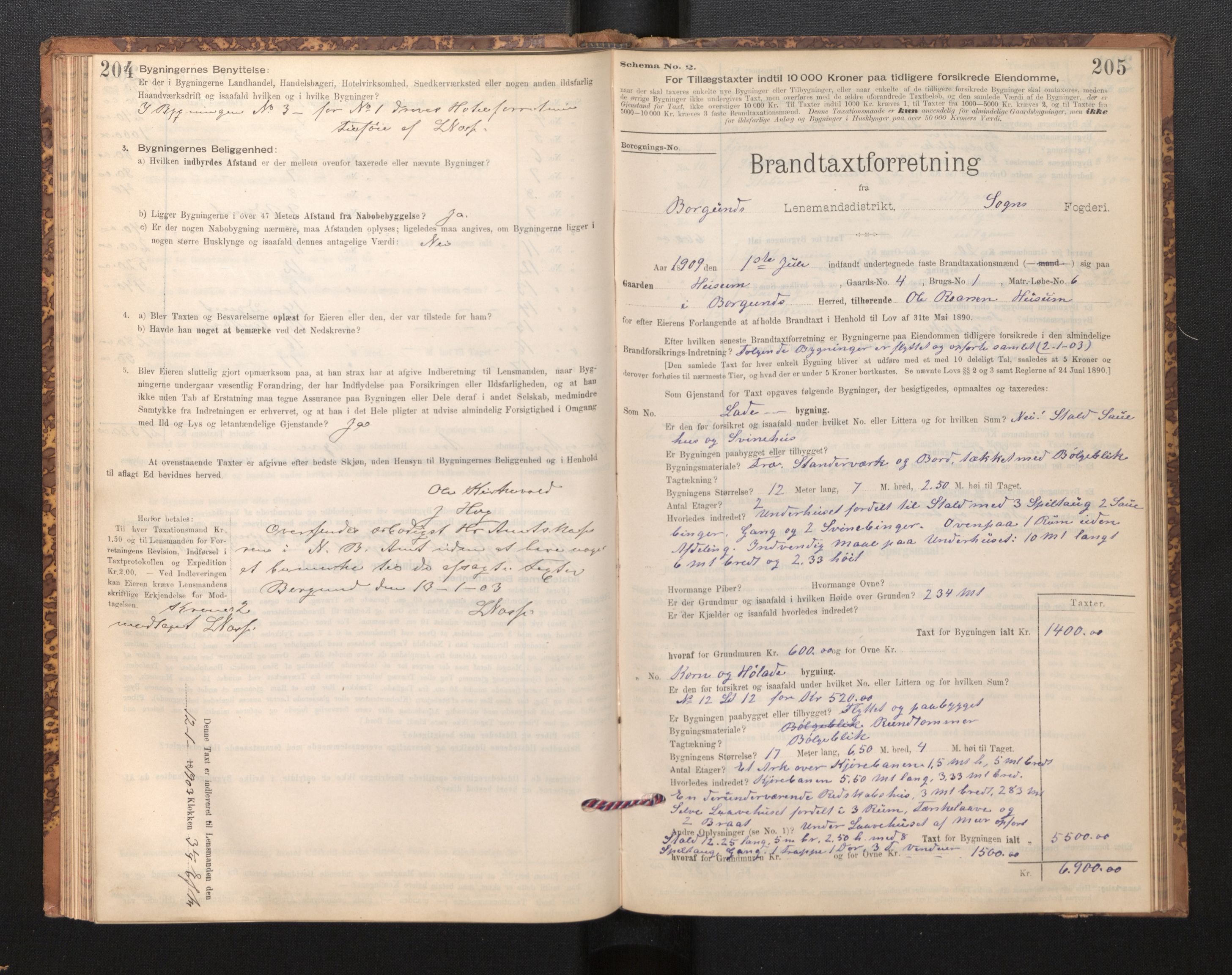 Lensmannen i Borgund, SAB/A-26601/0012/L0003: Branntakstprotokoll, skjematakst, 1903-1937, p. 204-205