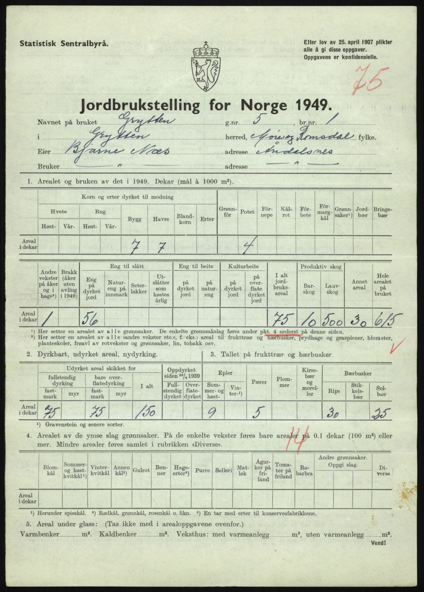 Statistisk sentralbyrå, Næringsøkonomiske emner, Jordbruk, skogbruk, jakt, fiske og fangst, AV/RA-S-2234/G/Gc/L0323: Møre og Romsdal: Grytten og Hen, 1949, p. 303